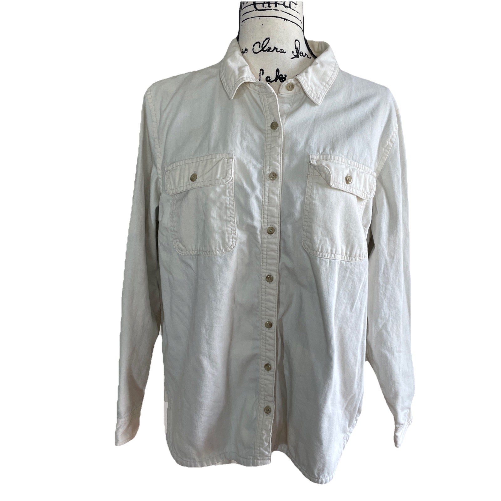 LL Bean Women’s Large Reg Off White Button Down Flannel Lined Shirt/Jacket