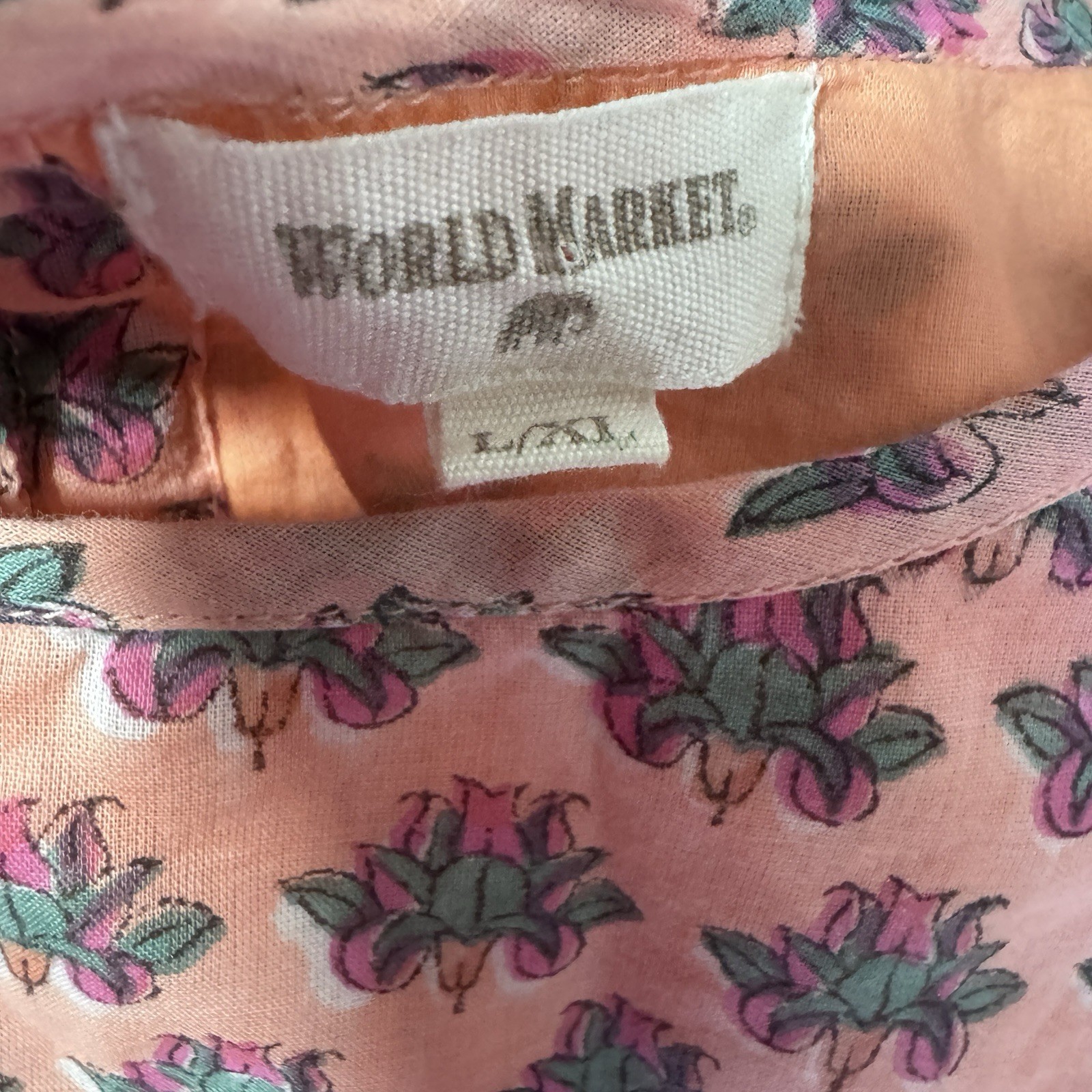 World Market Floral Block Print Blouse Top Coral Pink Boho Flutter L/XL