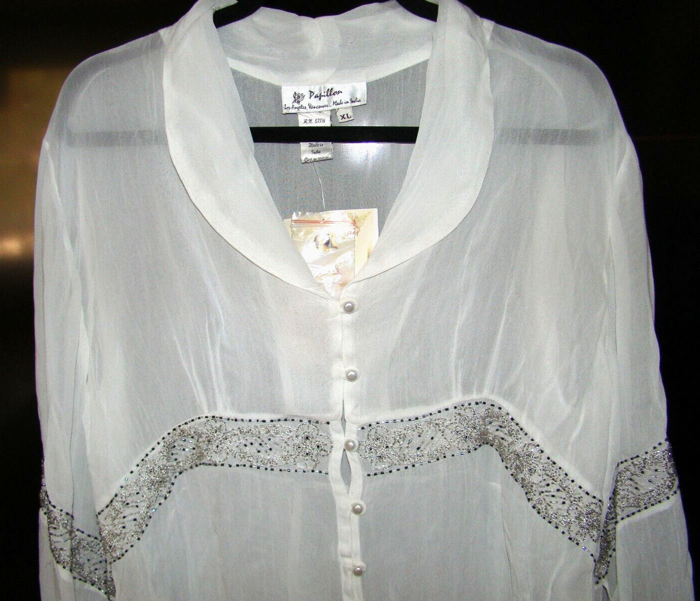 Papillon White 100%Rayon Long Sleeve Asymmetrical Blouse Top sz.XL NWT