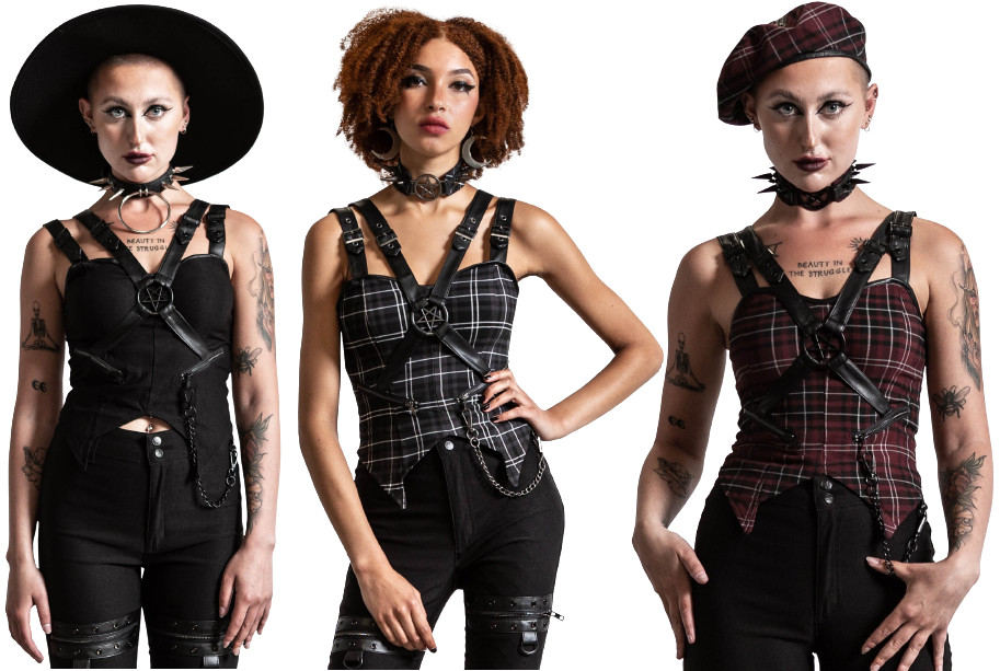 Killstar Jaded Pentagram Bondage Chain Strap Gothic Punk Plaid Top KSRA00395J