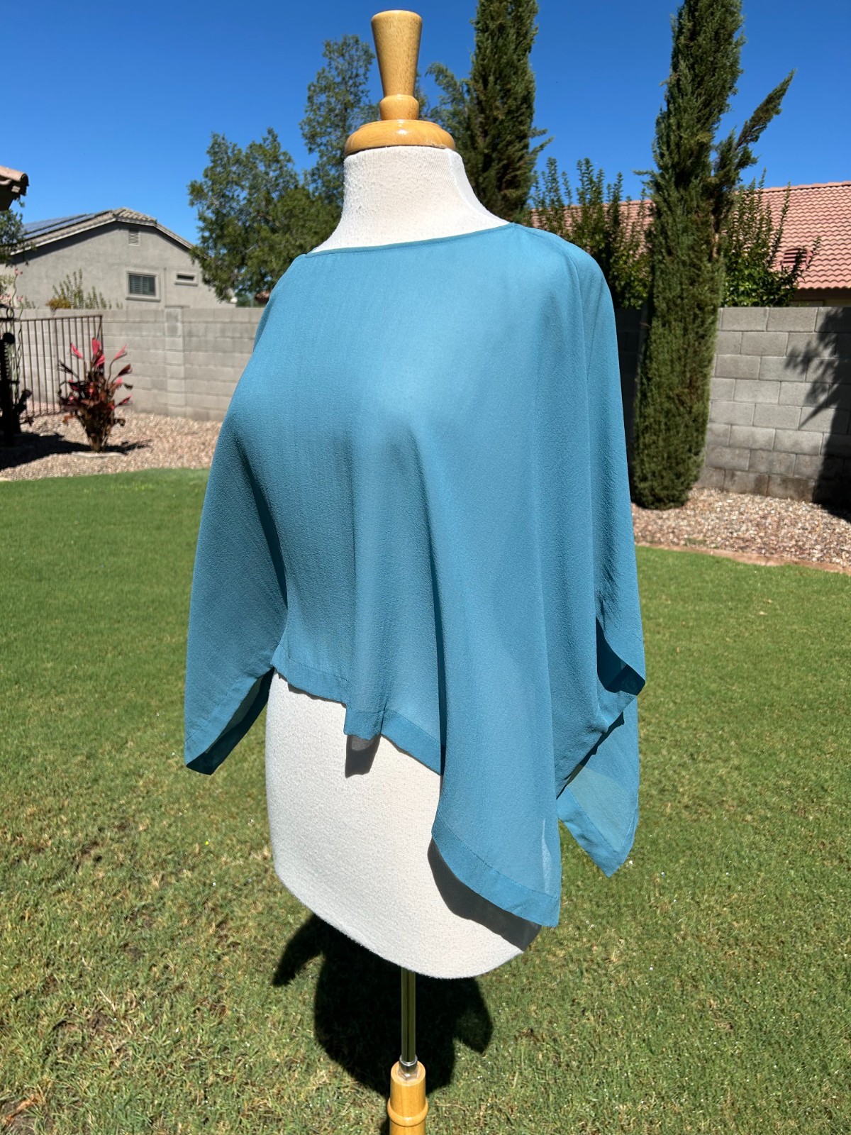 Eileen Fisher Sheer Silk Bateau Neck Poncho XXS/XS River $178 S4GT1-T6213 NWT