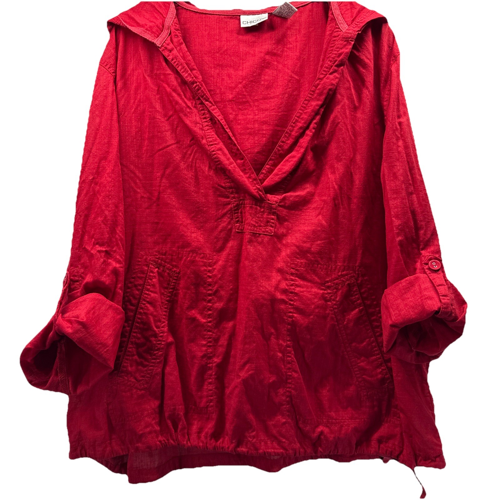 Chicos Women’s Top XL Red Gauzy 100% Cotton Hooded Lightweight Pockets Roll Tab