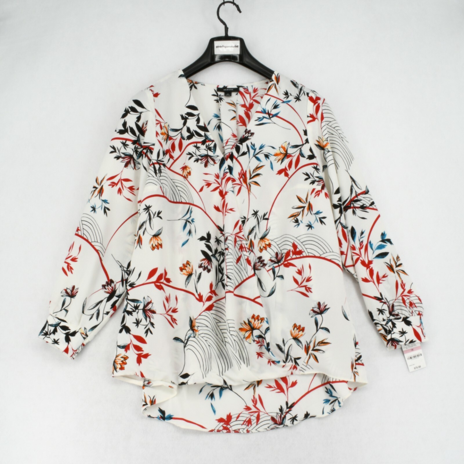 Alfani Womens Plus White Floral High-Low Draped Surplice V-Neck Long Sleeve Top