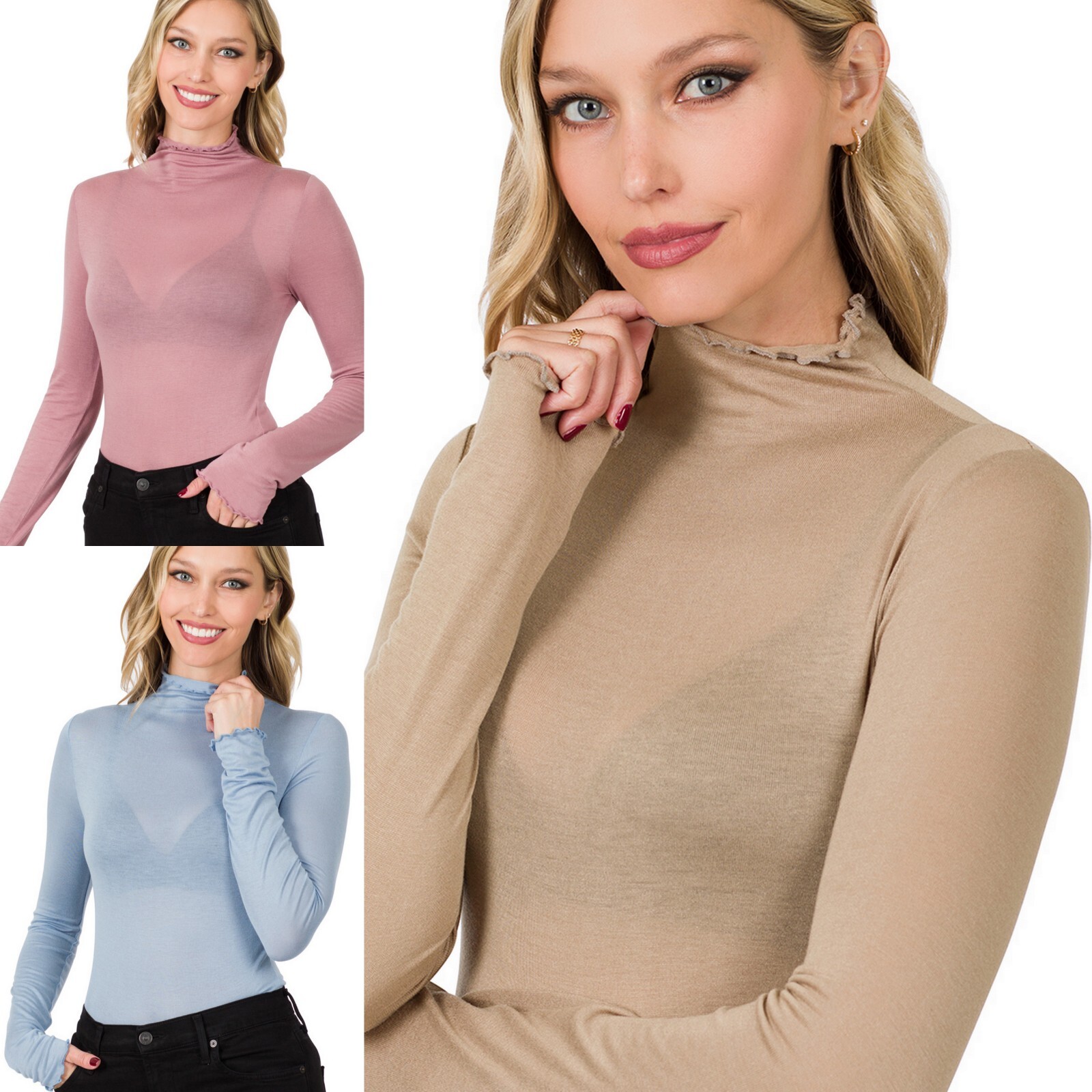 Mock Turtle Neck Long Sleeve Layering Top Lettuce Edge Neck & Hem See Through