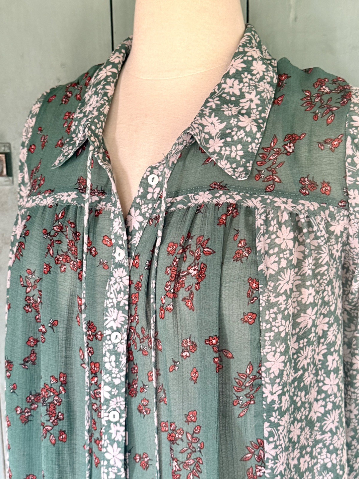 Free People Womens Emerald Combo Serena Printed Blouse Top Bell Sleeve Boho L