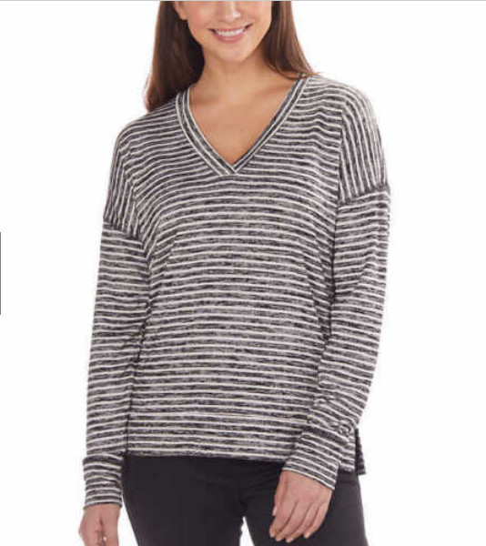 Kirkland Signature Ladies’ Long Sleeve V-Neck Top G42(BLACK STRIPE,XLARGE)NWT