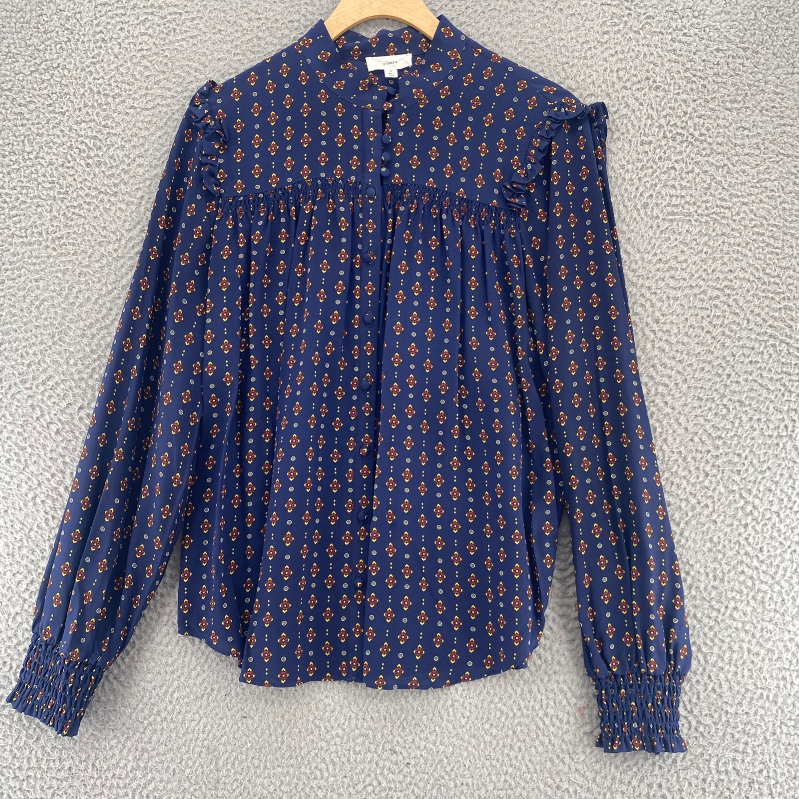 A Loves A Top Womens Medium Navy Multi Batik Silk Ruffle Shirred Balloon Sleeve