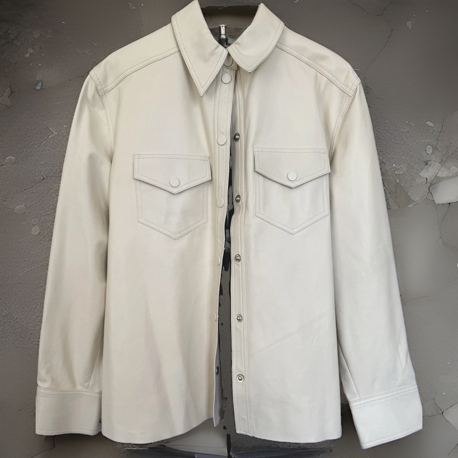 L’Academie Aylah Genuine Leather Shirt Jacket Shacket Cream Beige Women’s Sz S