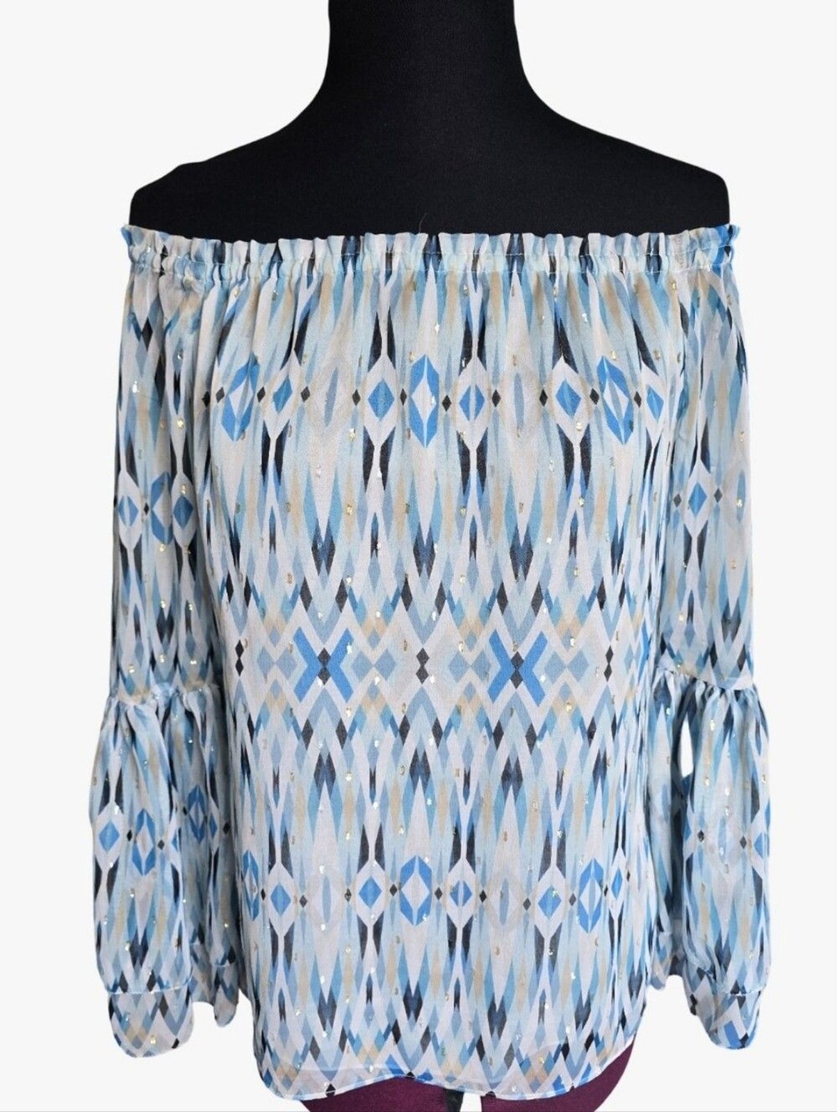 WHBM Light Blue Geometric Off-Shoulder Blouse Bell Sleeves Size S