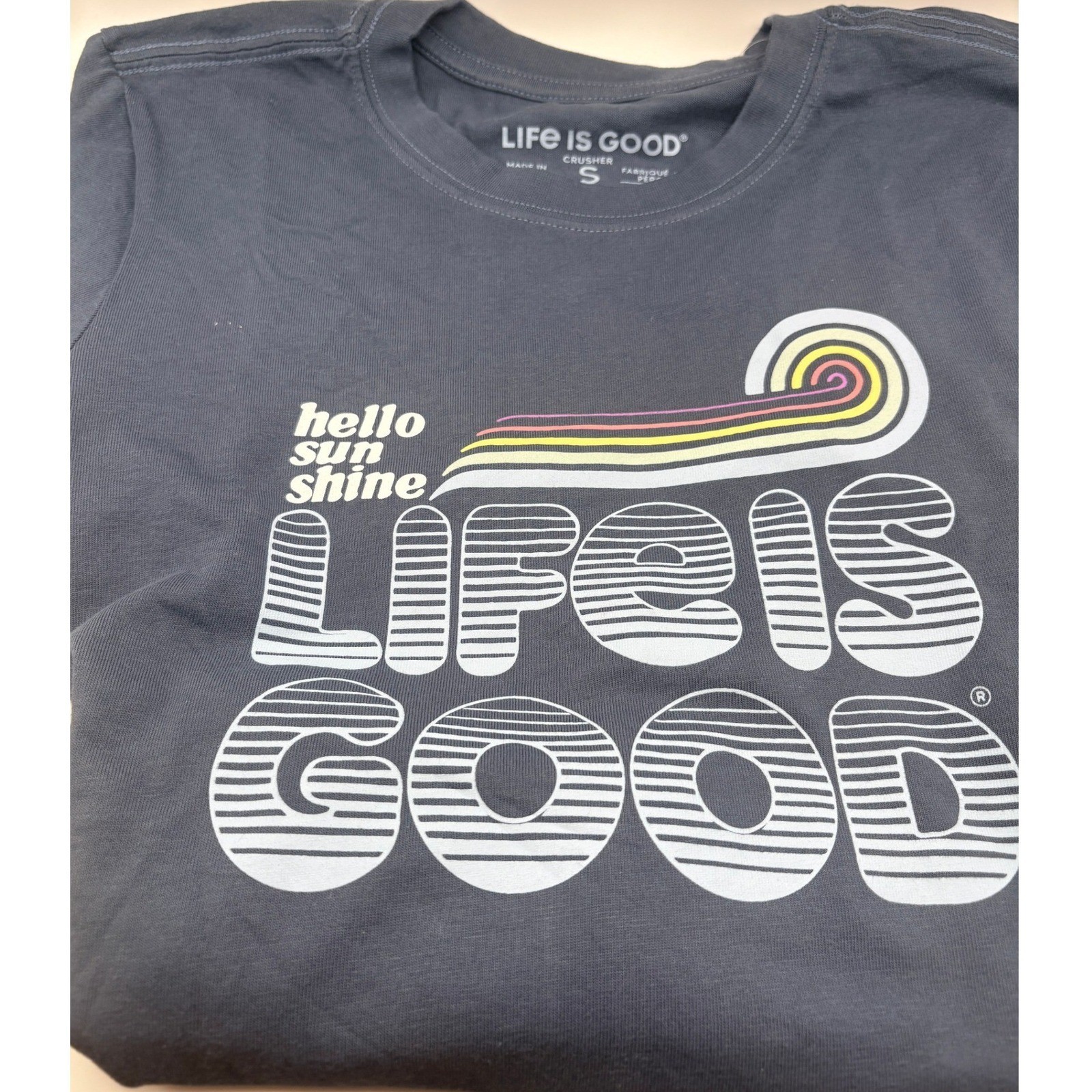 NWT Life Is Good- Hello Sunshine Womens T Shirt, Graphic Crusher Blue-Choose SZ