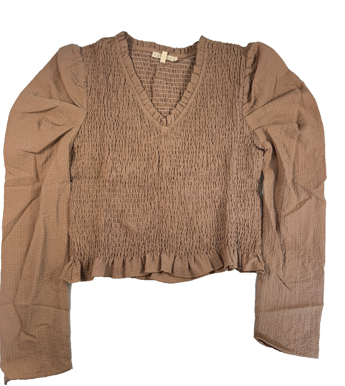 Promesa Women’s Smocked V Neck Ruffle Bottom Top Sandstone Size Small NWT