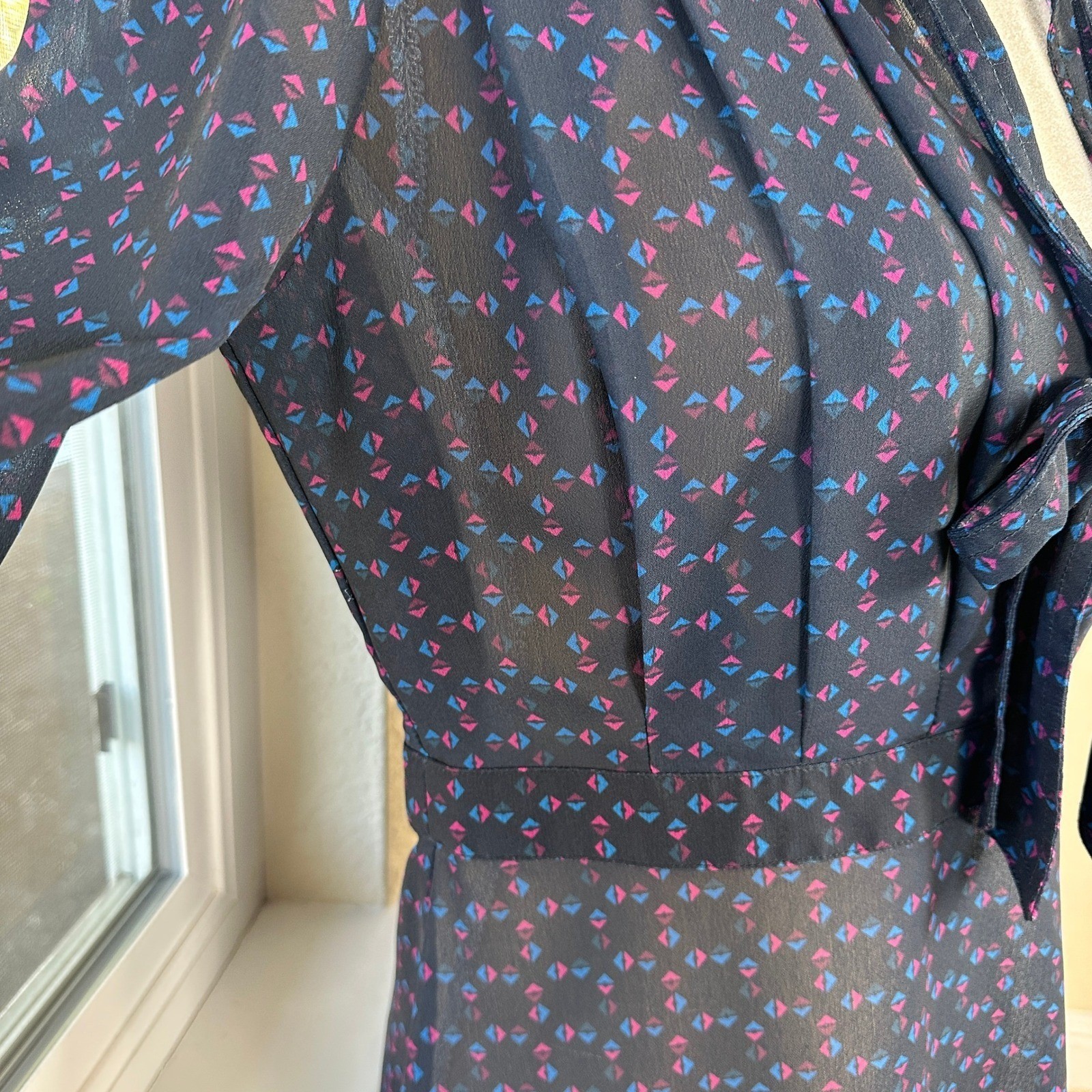 Derek Lam Collective Tie Blouse Womens 6 Blue Geometric Print Sheer Luxury Chic