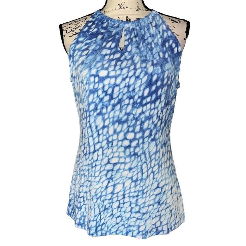 Davina Blue White Abstract Snakeskin Print Halter Neck Keyhole Tank Top small