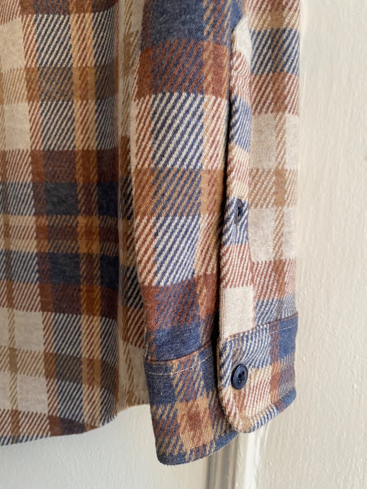 Quince Plaid Stretch Sweater Fleece Shirt Button Up Mocha Check SMALL NWOT