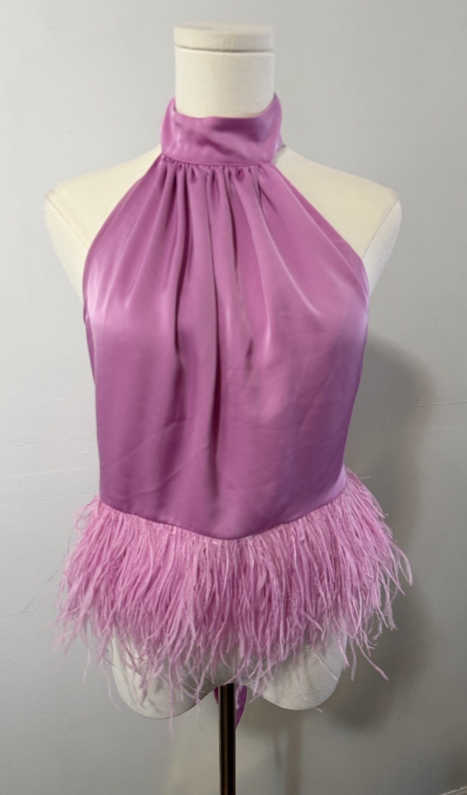 Ramy Brook Faux Feather Trim Halter Top Women’s S Pink Rose Tie Hook & Eye Back