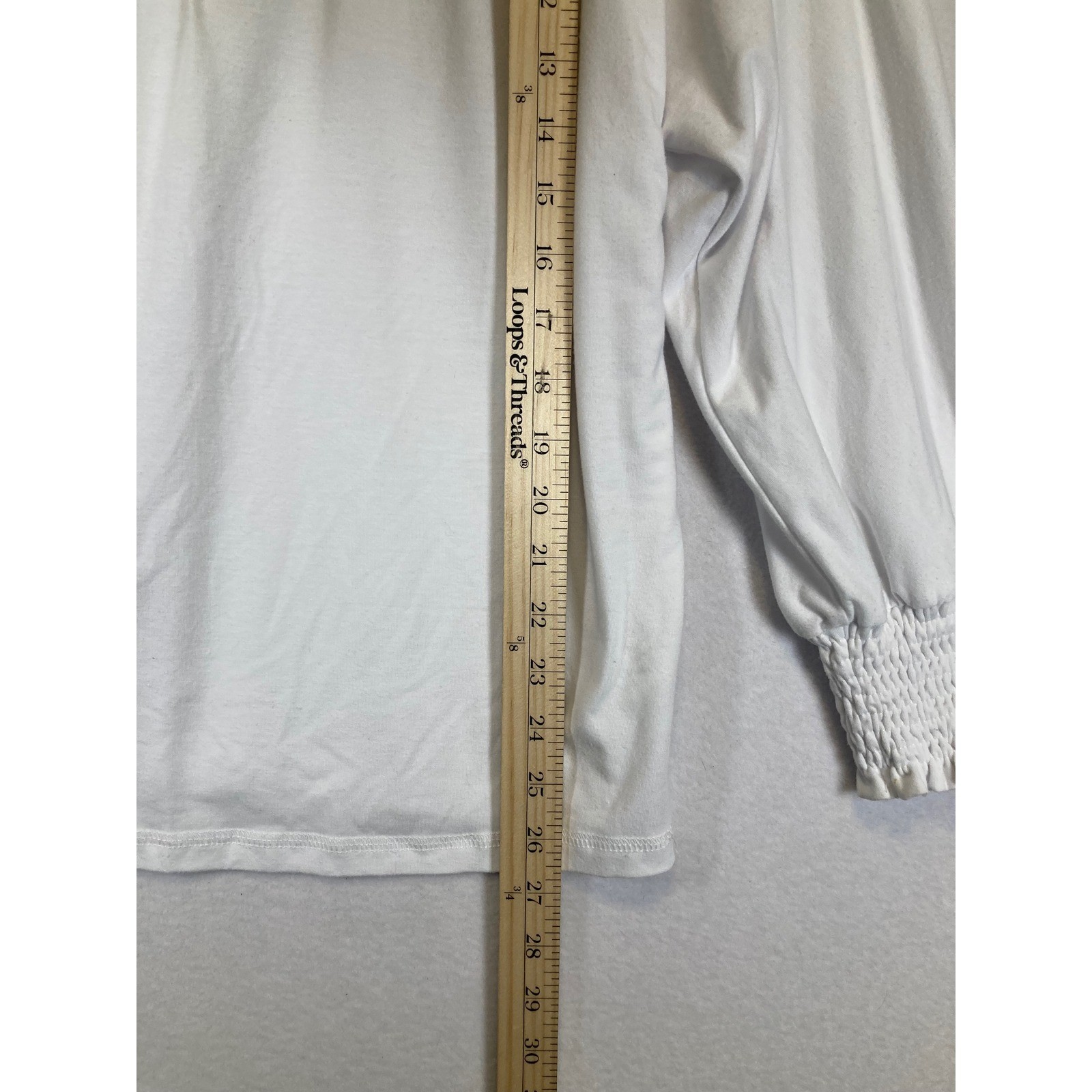 Minimalist Automet Women Med White Pleated Neck Smocked Cuff Balloon Sleeve Top