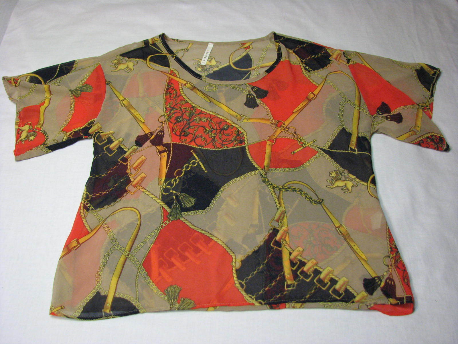 S Teenplo Shirt Top Blouse Sheer SMALL Ladies Women Orange Gold Black Chain Lion
