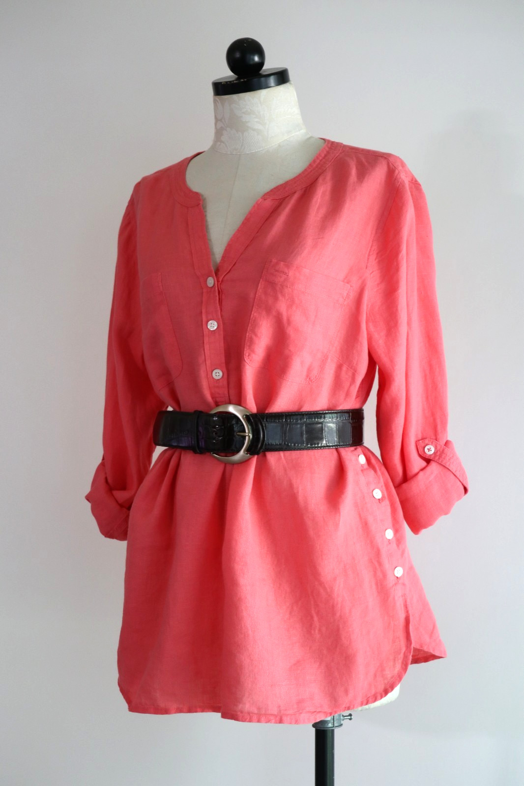 Talbots Salmon Pink Linen Roll Tab Sleeve Side Buttons Tunic Blouse Top Women L