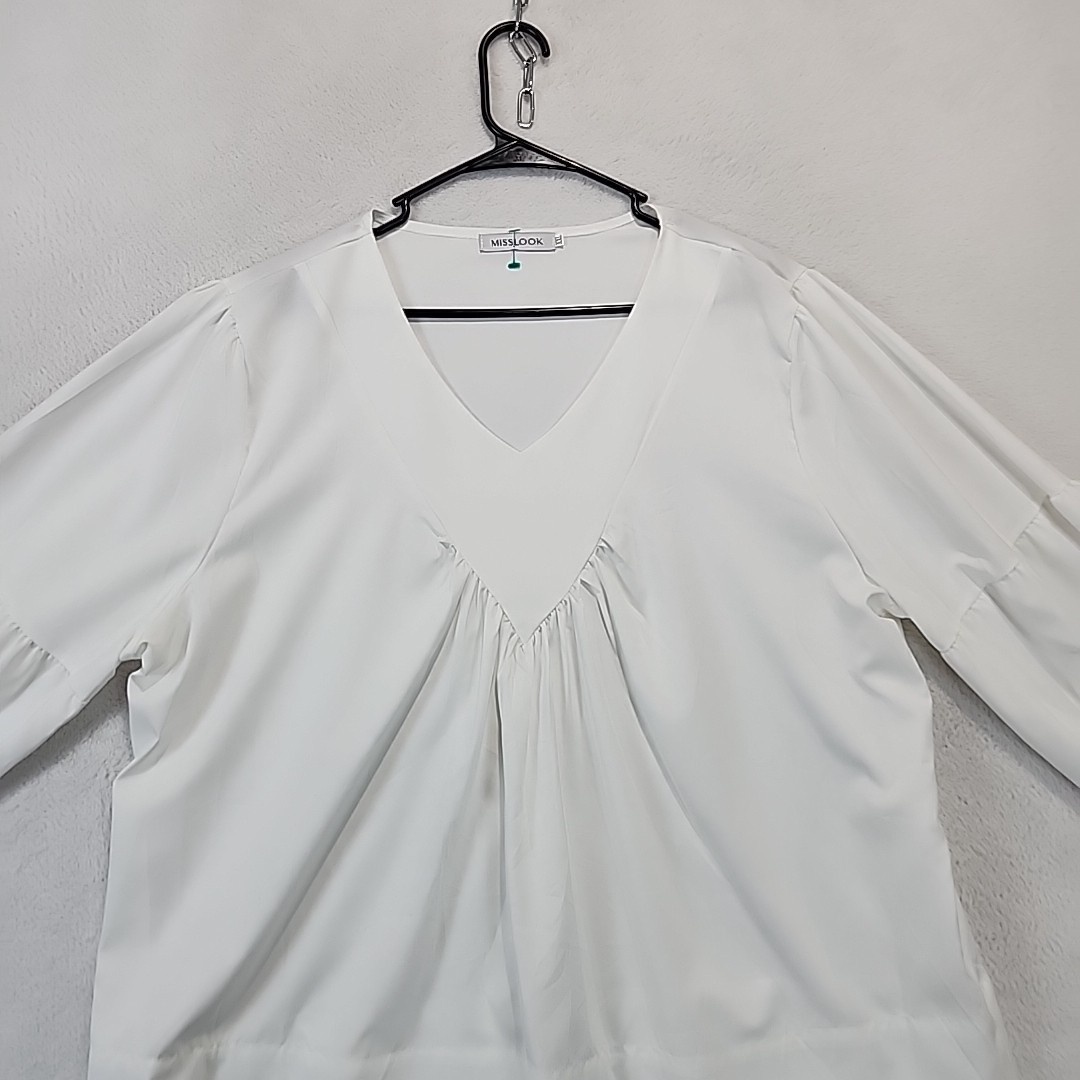 MissLook Blouse Womens XXL White V-Neck Bishop Sleeve Semi-Sheer Tunic Flowy Fit