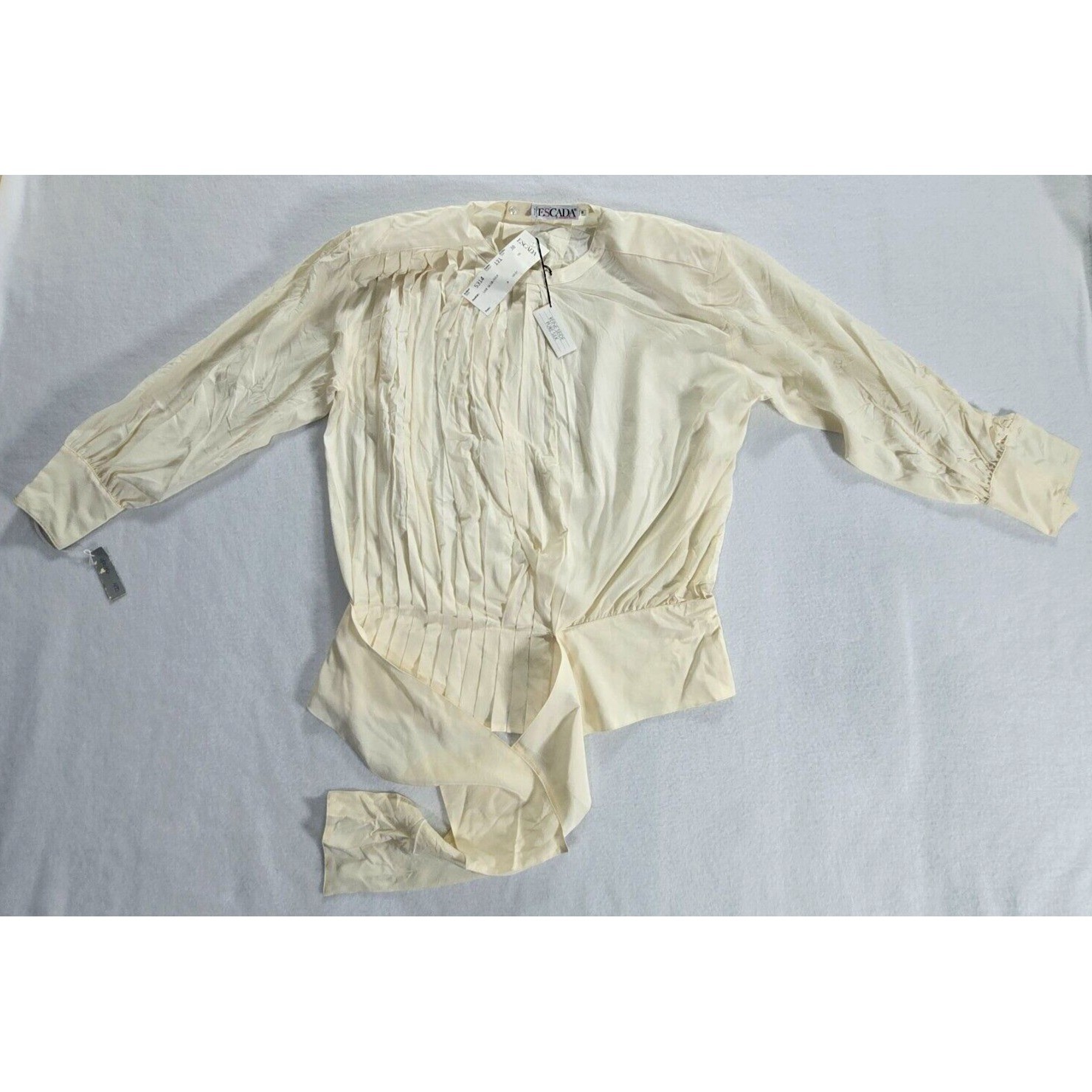 Escada Silk Blouse Vintage Size 38 Long Sleeve Ivory Pleated NWT Shoulder Pad