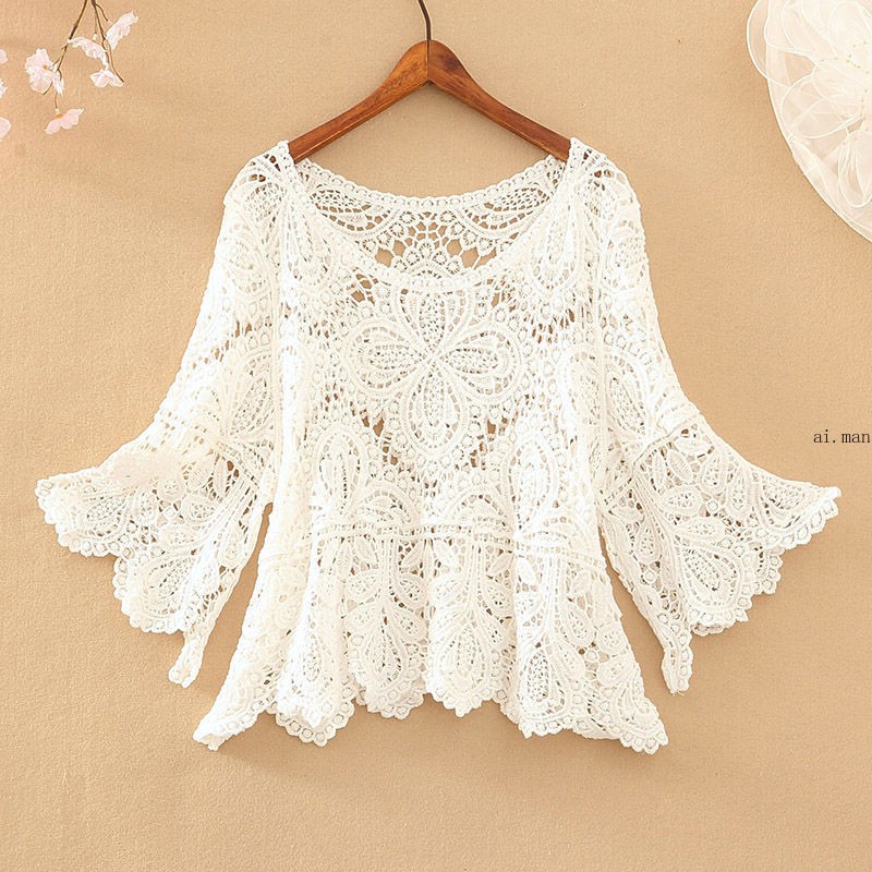 Women Crochet Crop Top Half Sleeve Hollow Bolero Shrug Shawl Sun Protection Top