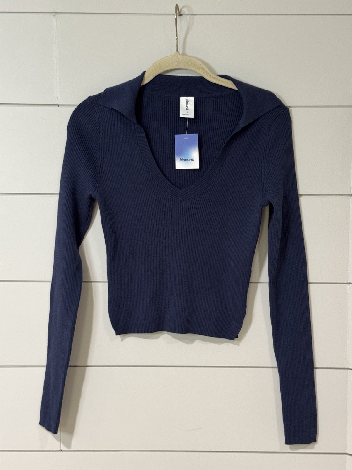 NEW Abound Navy Ribbed V-Neck Long Sleeve Top Size S