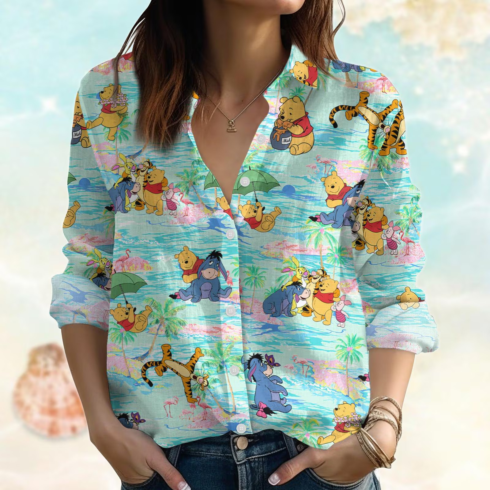 Tropical Winnie The Pooh Blouse Beach Cartoon Vacation Aloha Button Down Gift