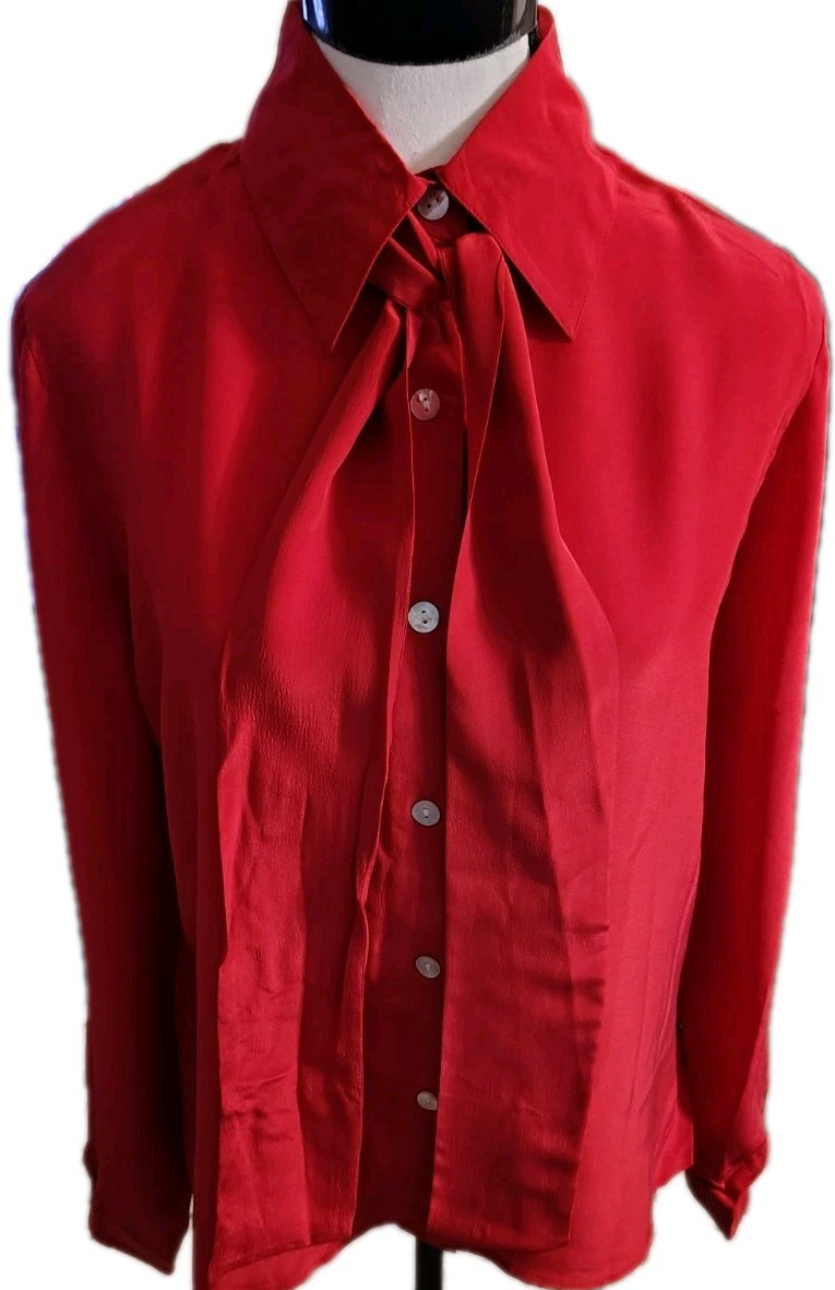 New York City Design Co. Blouse Size S Red Button Silk Long Sleeve MOP Tie