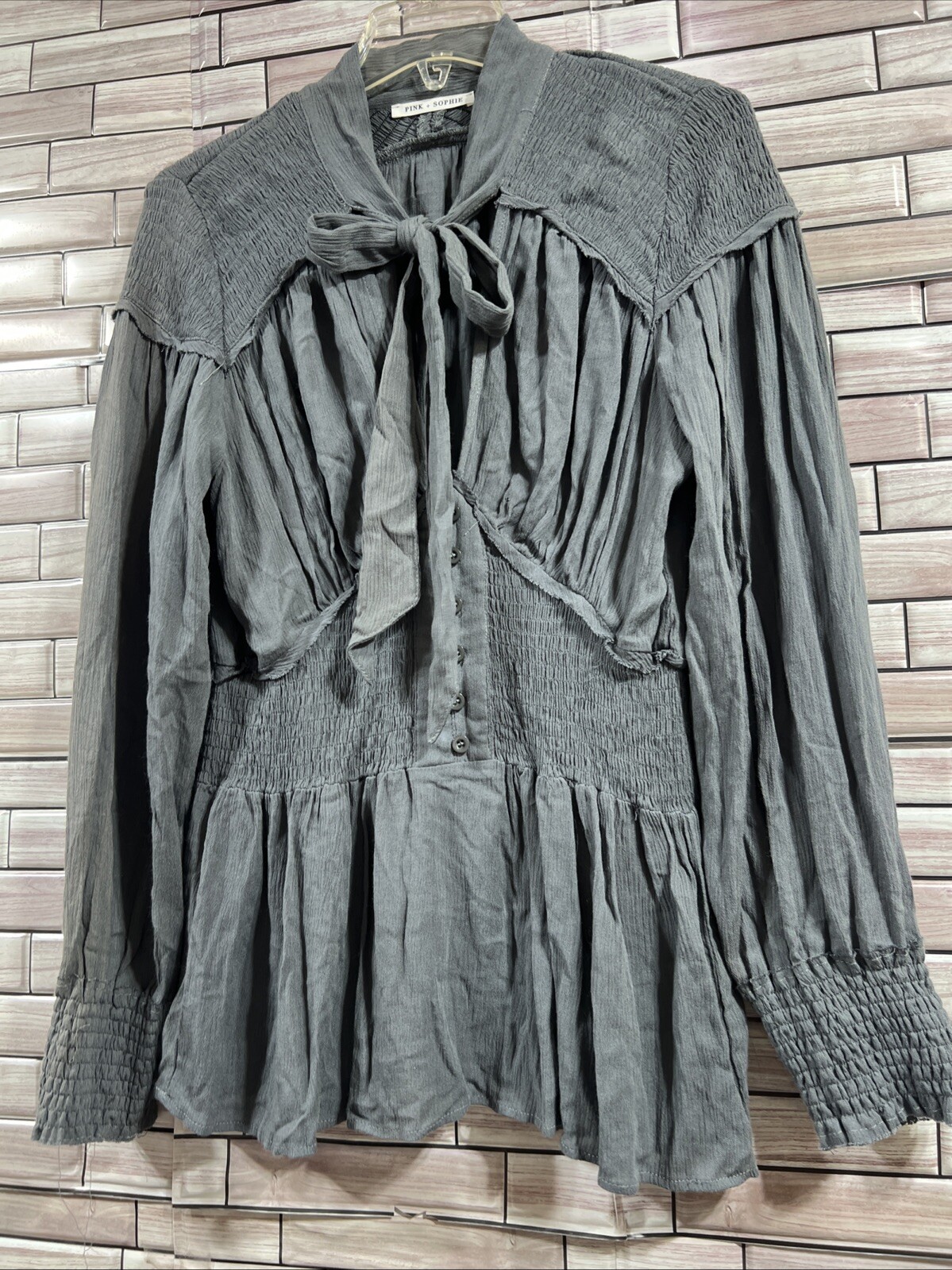 pink+sophie womens L blouse Charcoal grey long sleeve v neck tie tunic boho