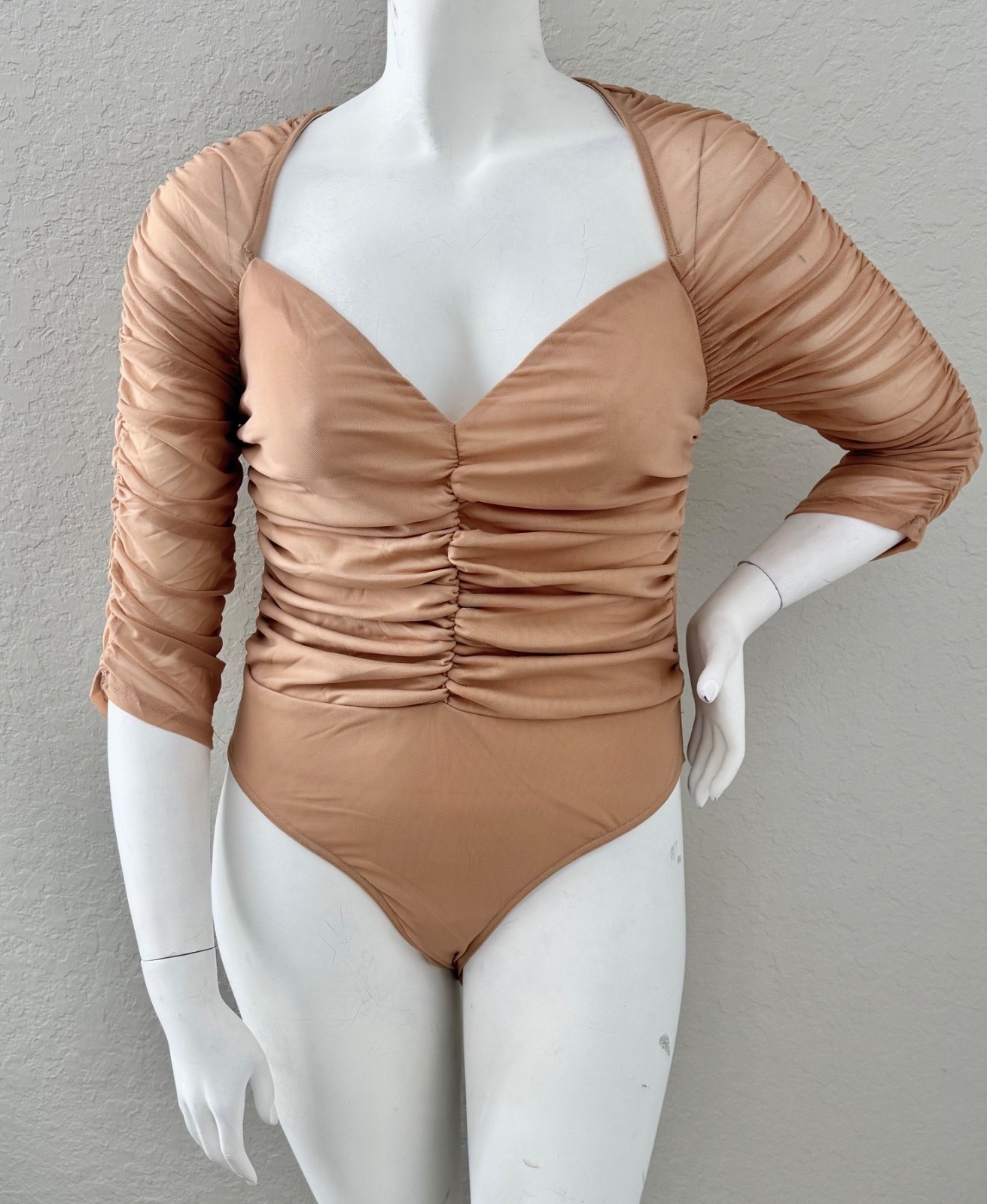 Oh Yes Mesh Ruched Stretch Bodysuit Top Tan Plus 1XL 2XL 3XL – New!