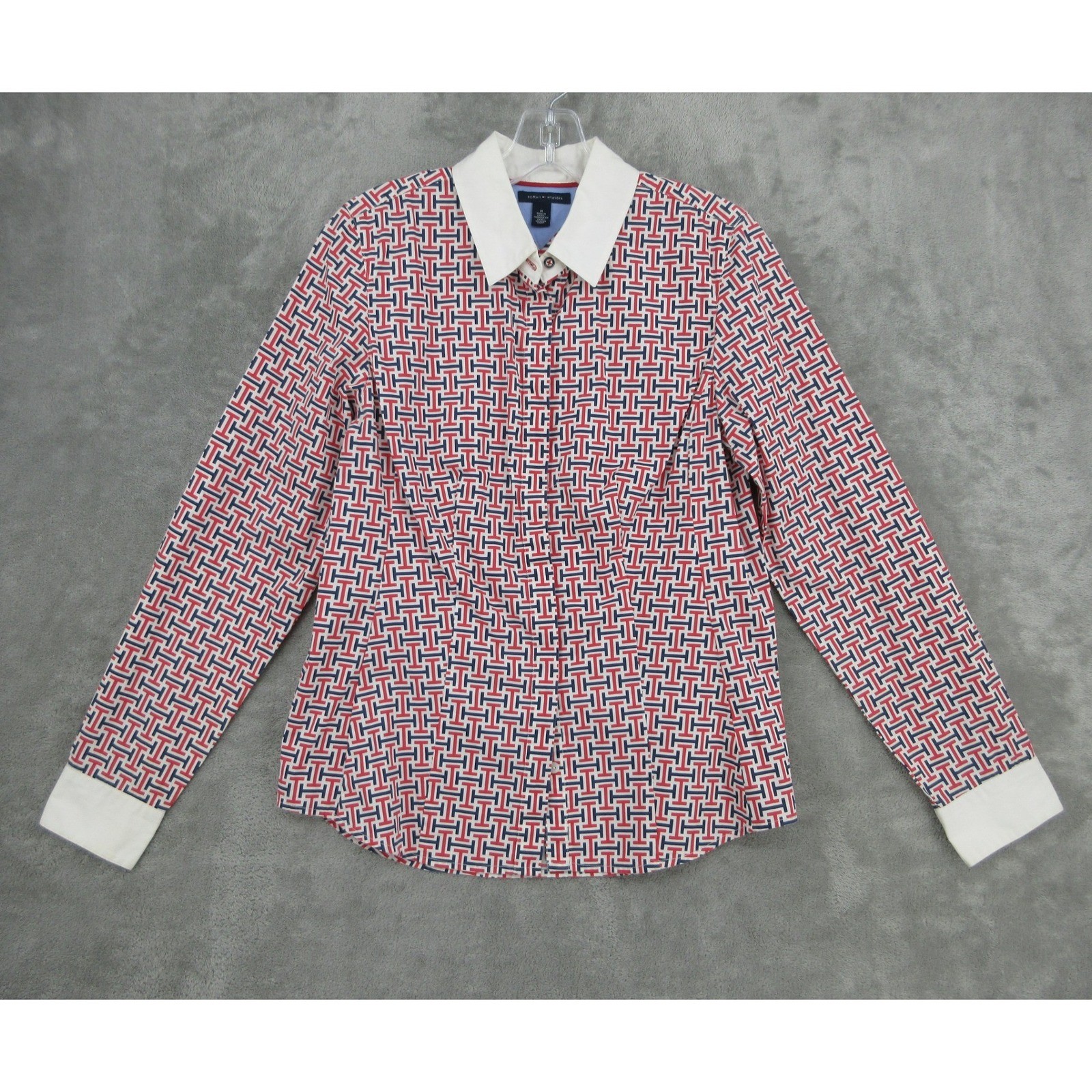 Tommy Hilfiger Shirt Womens Size M Monogram Logo Button Front Office Preppy Red