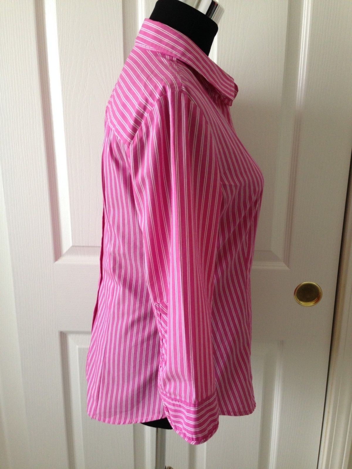 NEW YORK & CO STRETCH PRETTY PINK/WHITE STRIPED COTTON BLEND BLOUSE – SIZE S