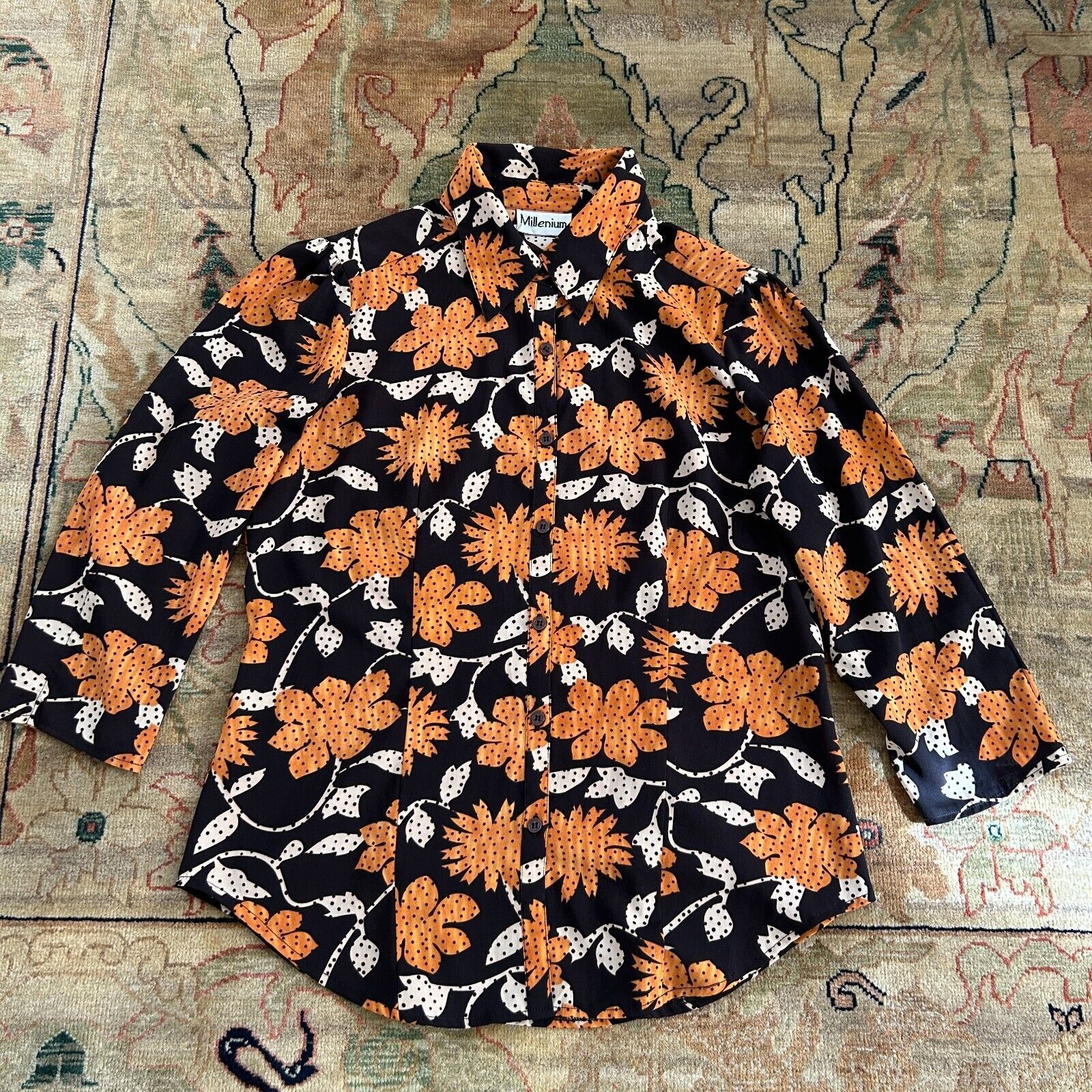 Vintage Mod Flower Blouse Women’s Large Orange Brown Retro Daisey By Millenium