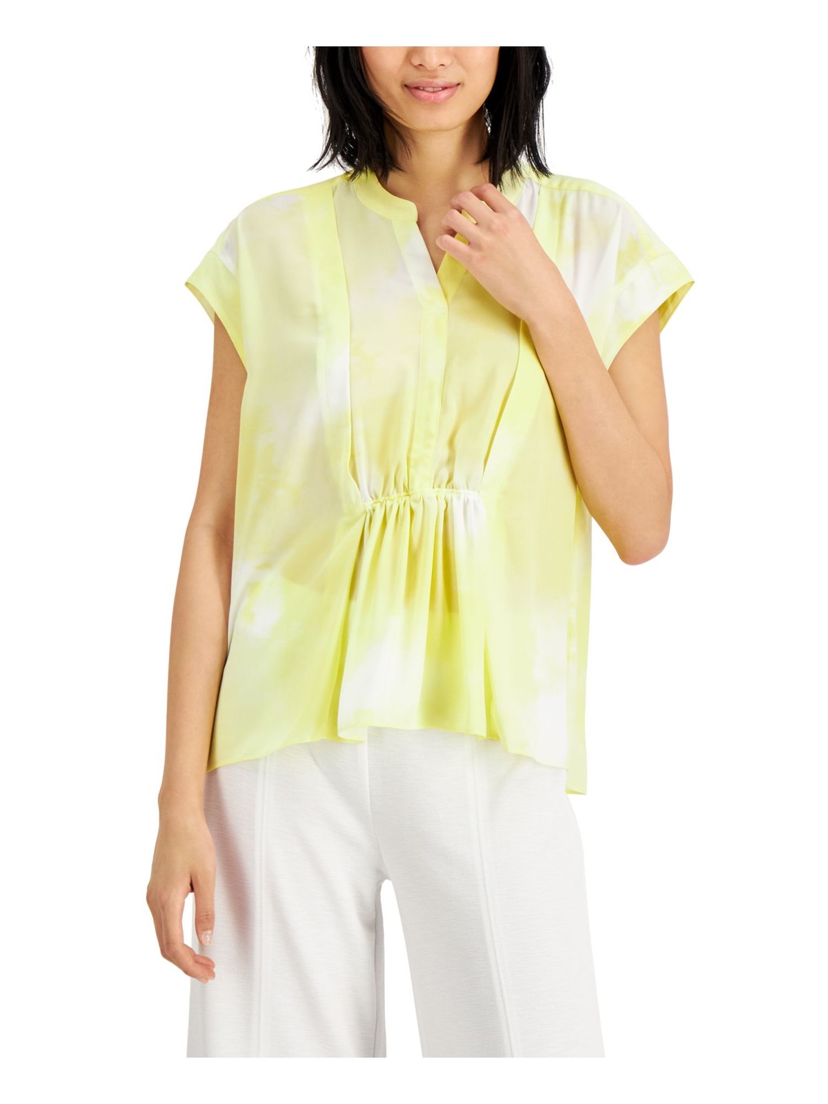 ALFANI Womens Top Tunic Yellow Cap Sleeve Acid Wash L