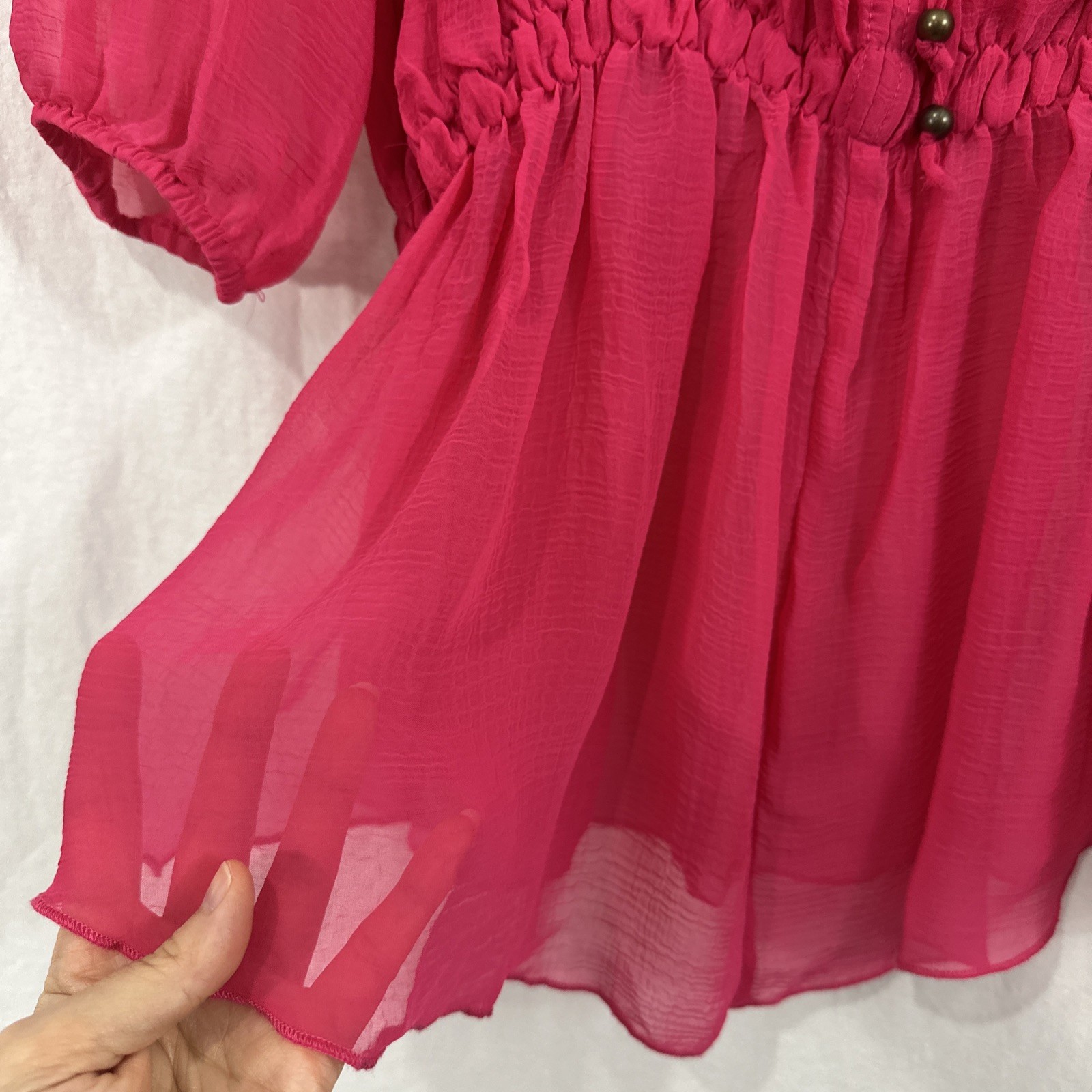 Umgee Hot Pink Sheer Ruffle Coquette Romantic Peasant Top Women’s Sz M