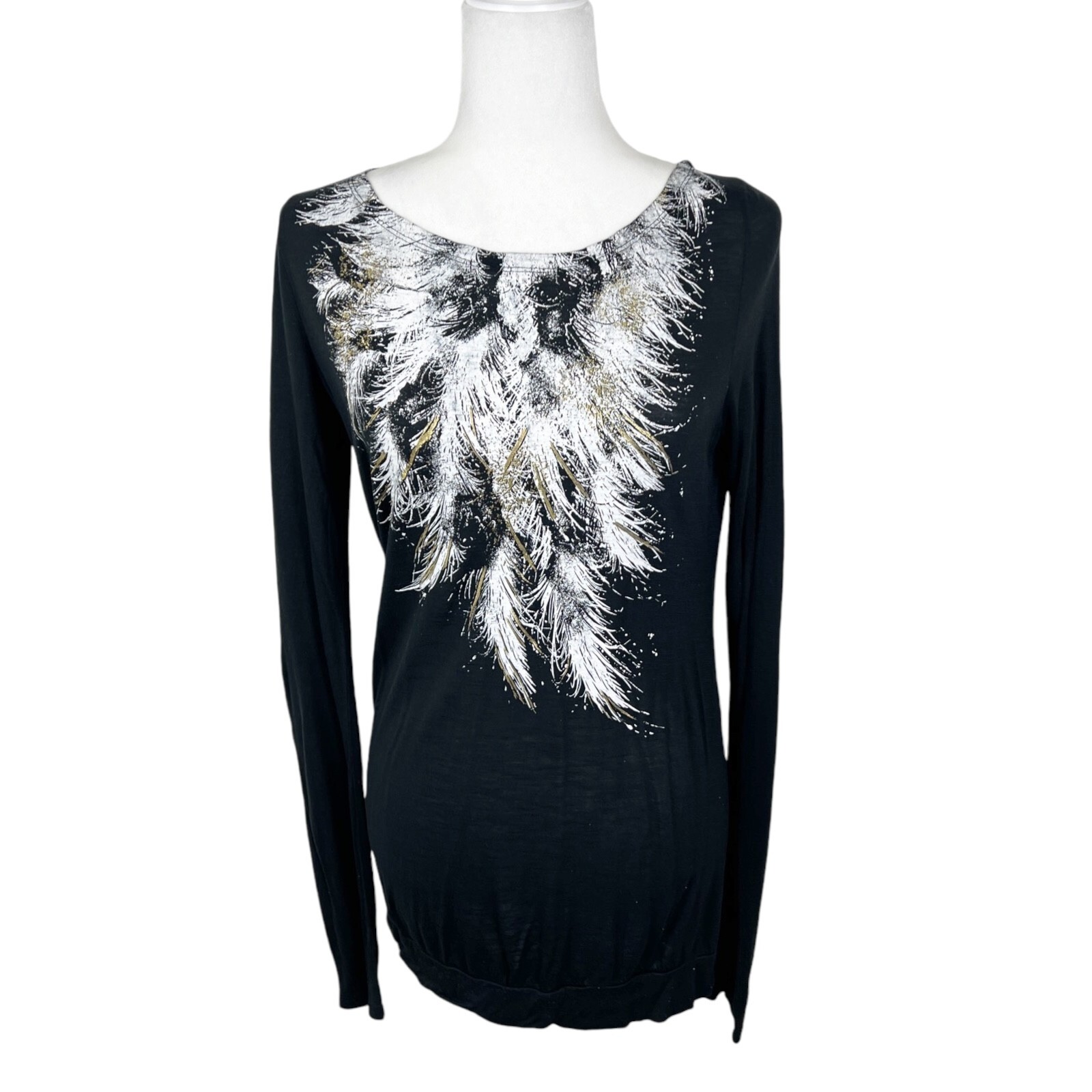 Miley Cyrus x Max Azria Blouse Women Extra Large Black L/S Feather Gold Metallic