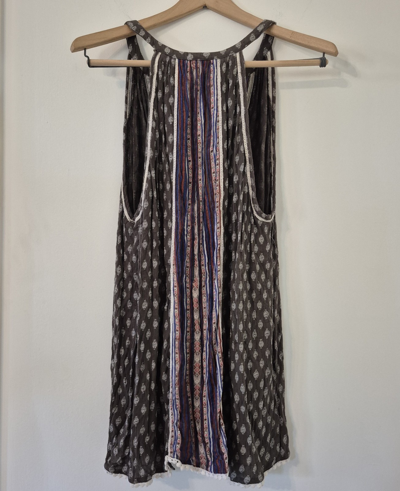 Women L Mixed Print Pom Pom Hem Top Boho Festival Coastal Grandmother Earthy