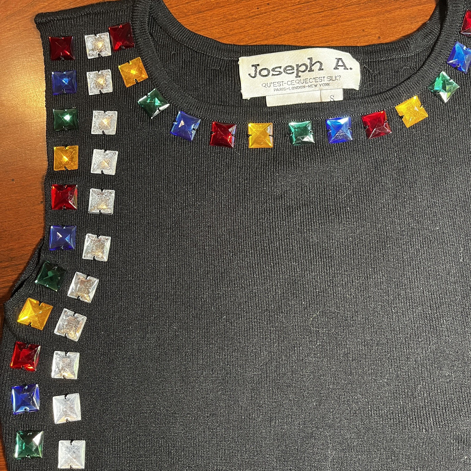 Vintage Y2K Joseph A. Black Silk Knit Sequins Beaded Sleeveless Tank Top S Fest