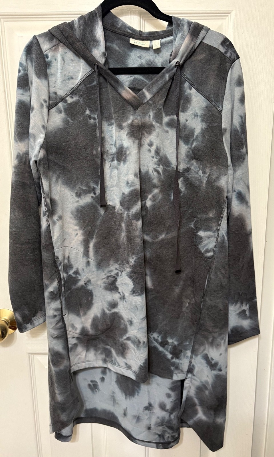 LOGO Lounge Lori Goldstein Tie-Dye V-Neck Hoodie Sz Med Black Grey w/Hi-Low Hem