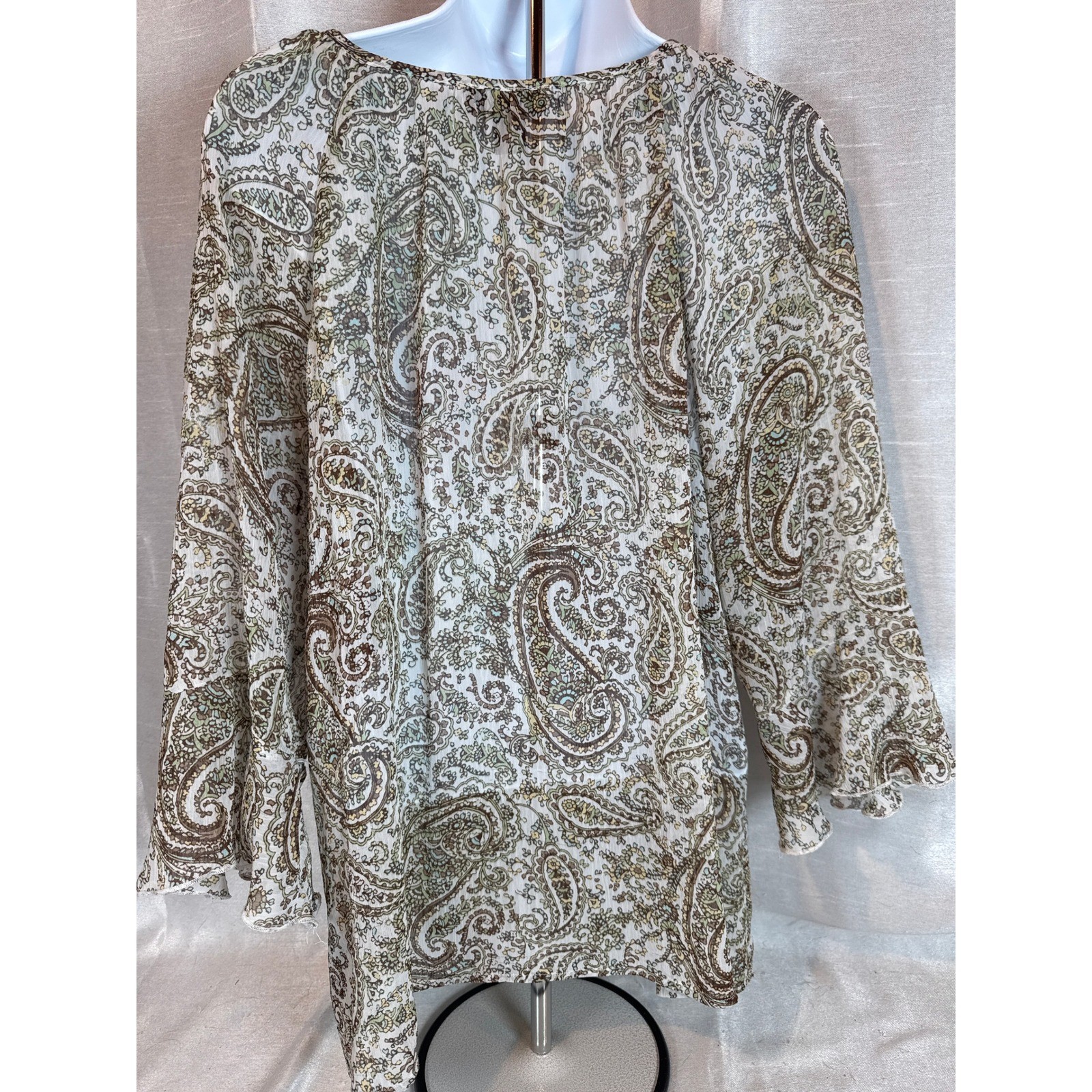 ALYX Sheer GREEN Paisley Print V Neck Bell Sleeve Boho Blouse Women’s Top XL