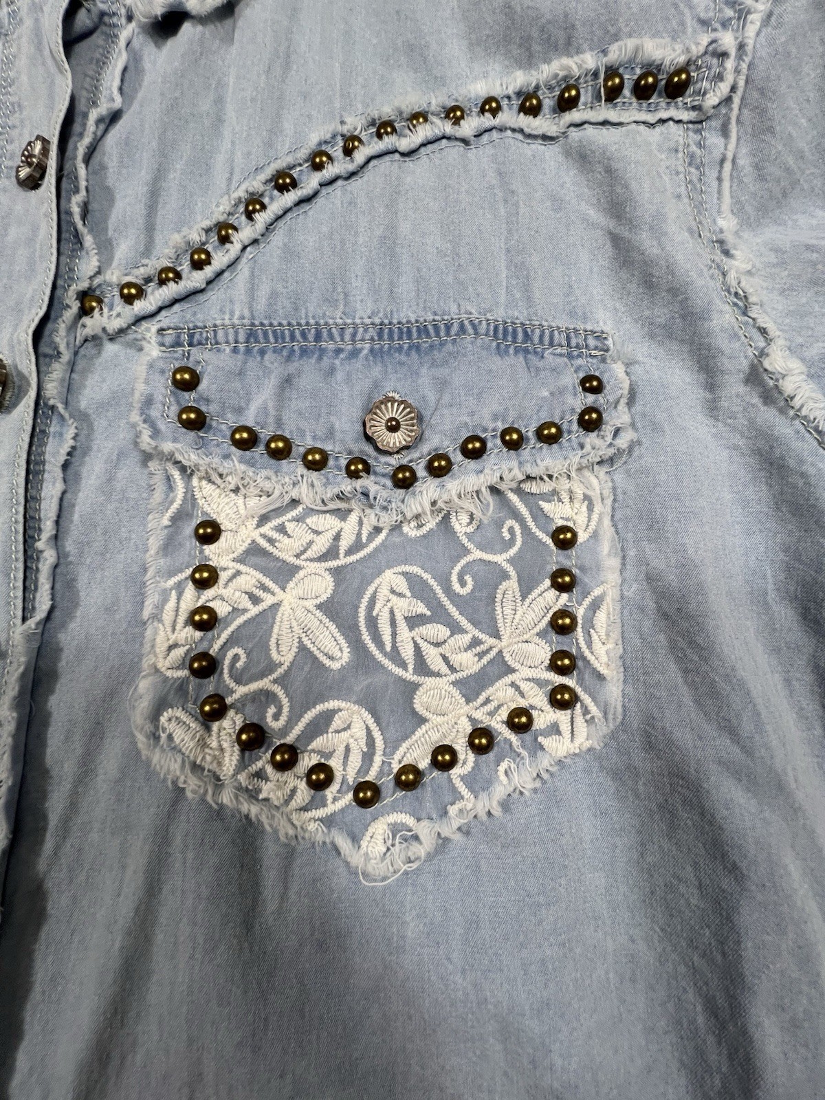 POL Womens XL Chambray Shacket Western Lace Studded Boho Raw Hem Oversized
