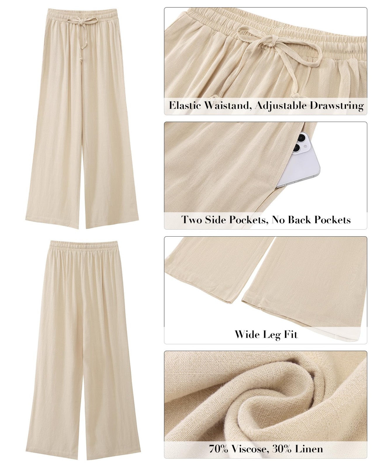 Wide Leg Pants Woman Linen High Waisted Pull On Flowy Drawstring Palazzo