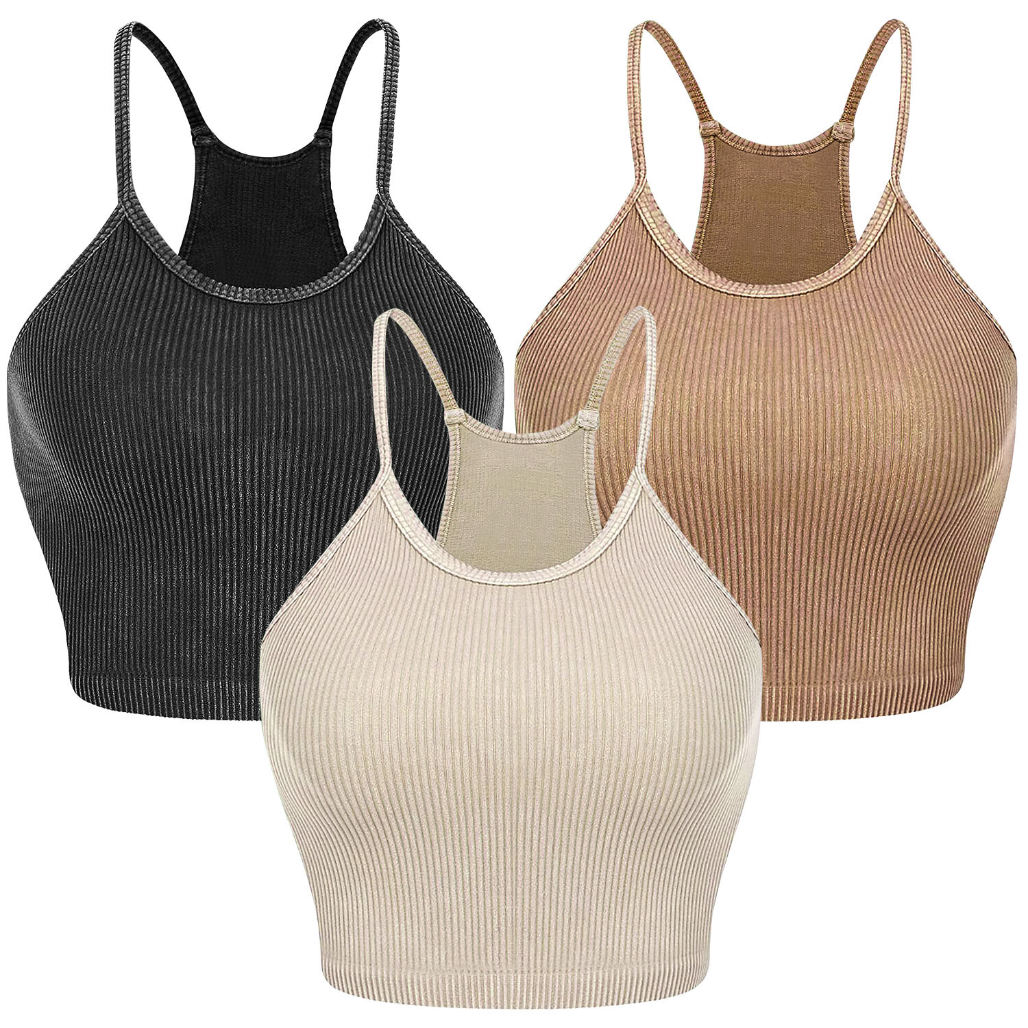 3 Pack Women Seamless Ribbed Knit Crop Tank Tops Workout Yoga Sleep Sports Bra