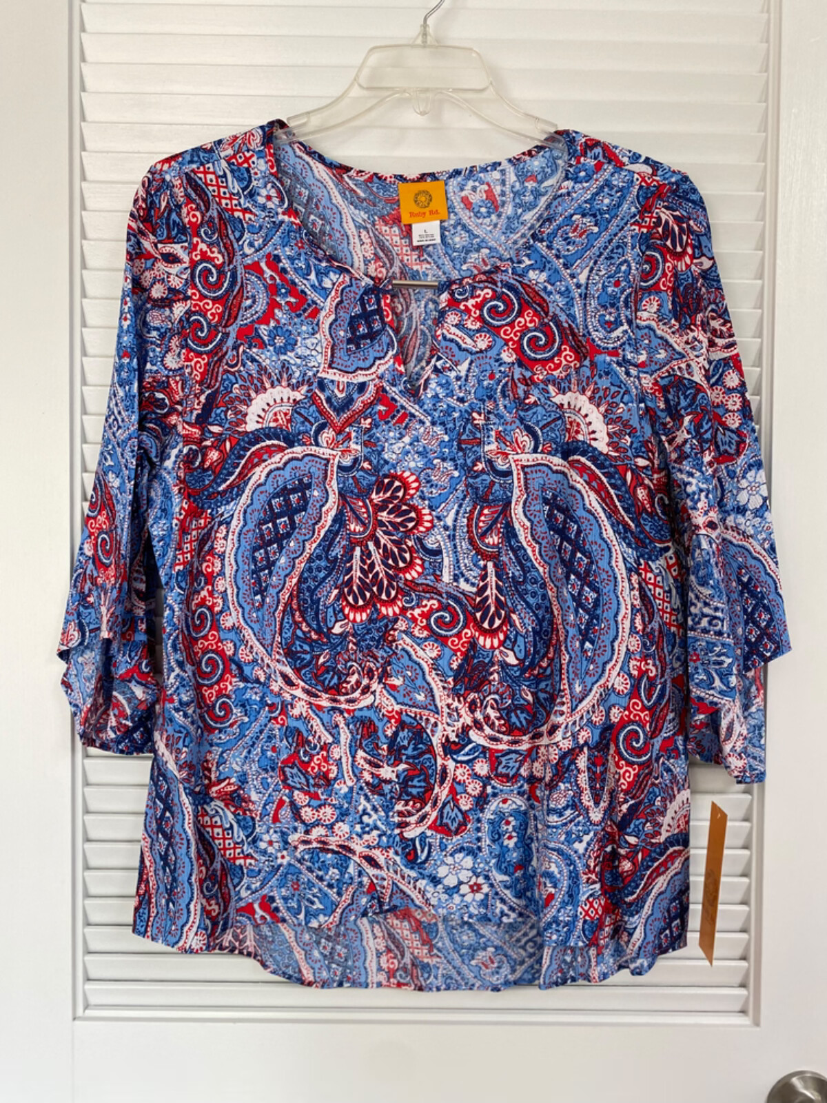Ruby Rd. Red, White & Blue Woven Bar Turkish Indigo Multi Blouse Size L NWT
