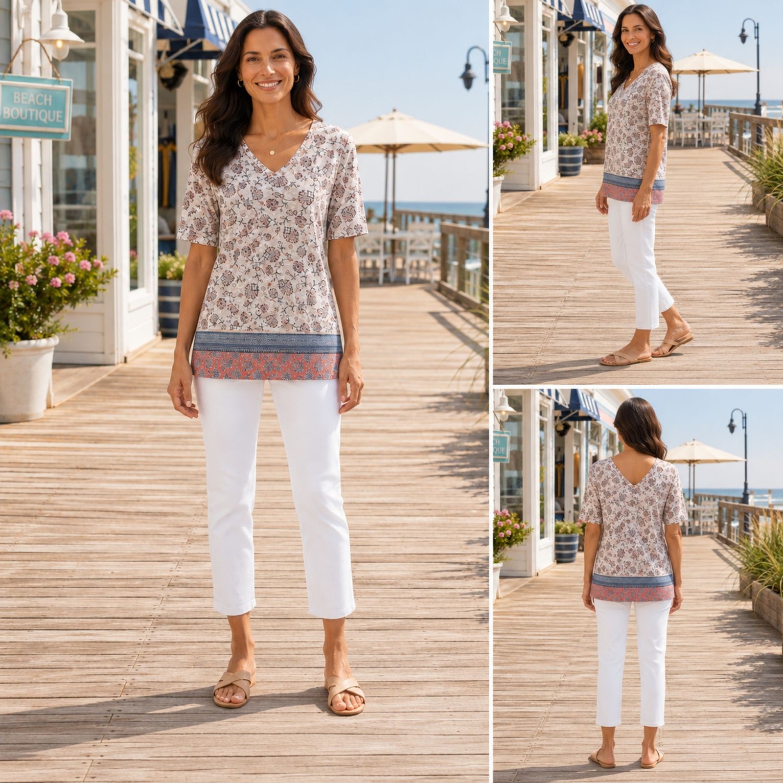J. Jill Pima Cotton Double V Floral Border Tunic Top Size Medium Cream Peach