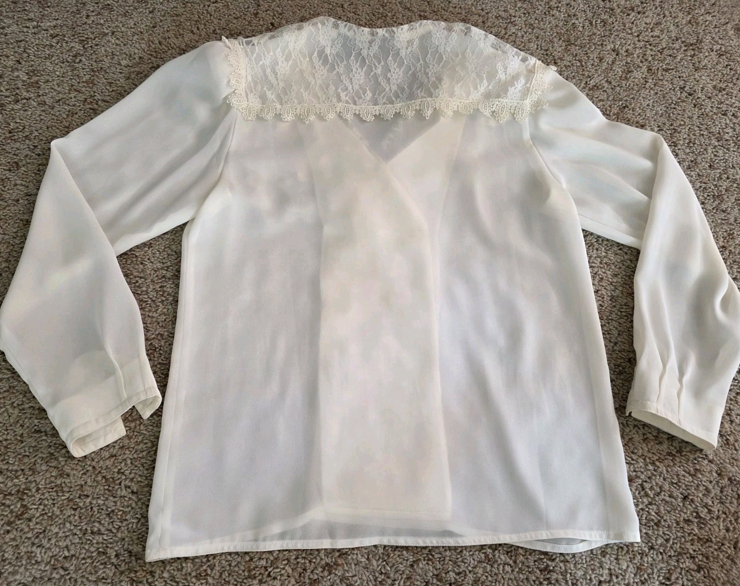 Nilani Vintage Blouse Womens 7/8 Modest White Long Sleeve Floral Lace Bib Collar