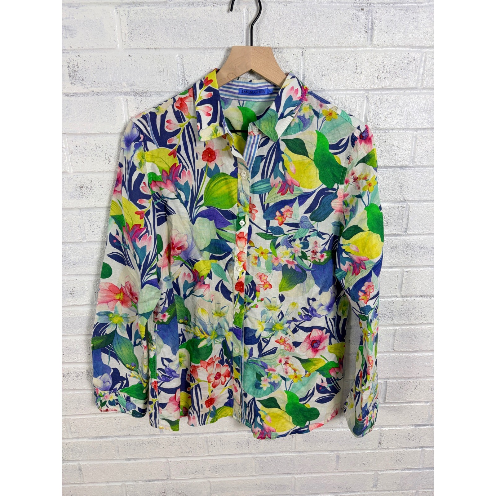 J.McLaughlin Button Down Shirt Womens L Multicolor Floral Linen Cotton Blend
