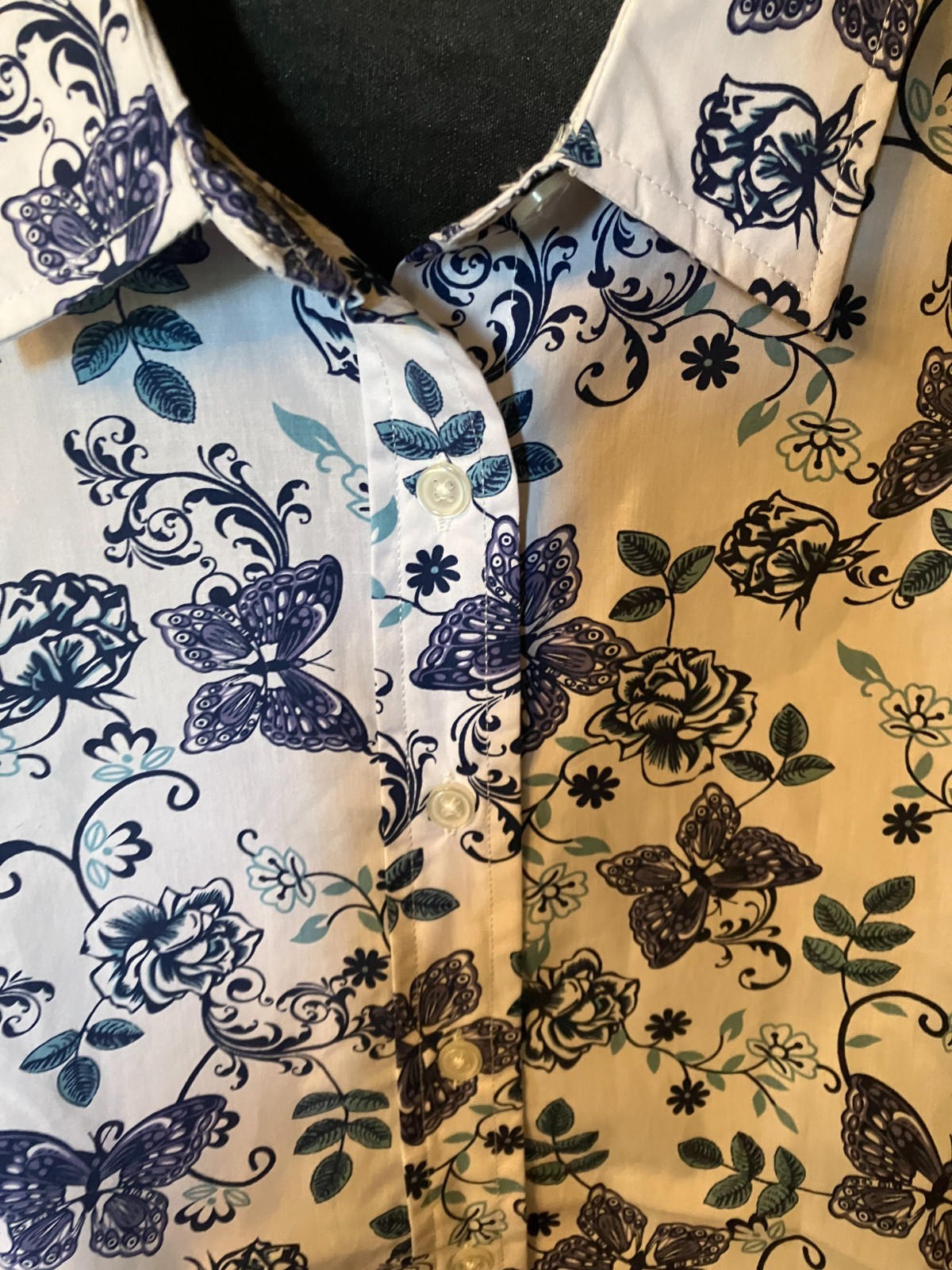 NWOT~AMERICAN SWEETHEART ~China Blue/ White Butterfly Floral~S/S~SUMMER~Blouse~L