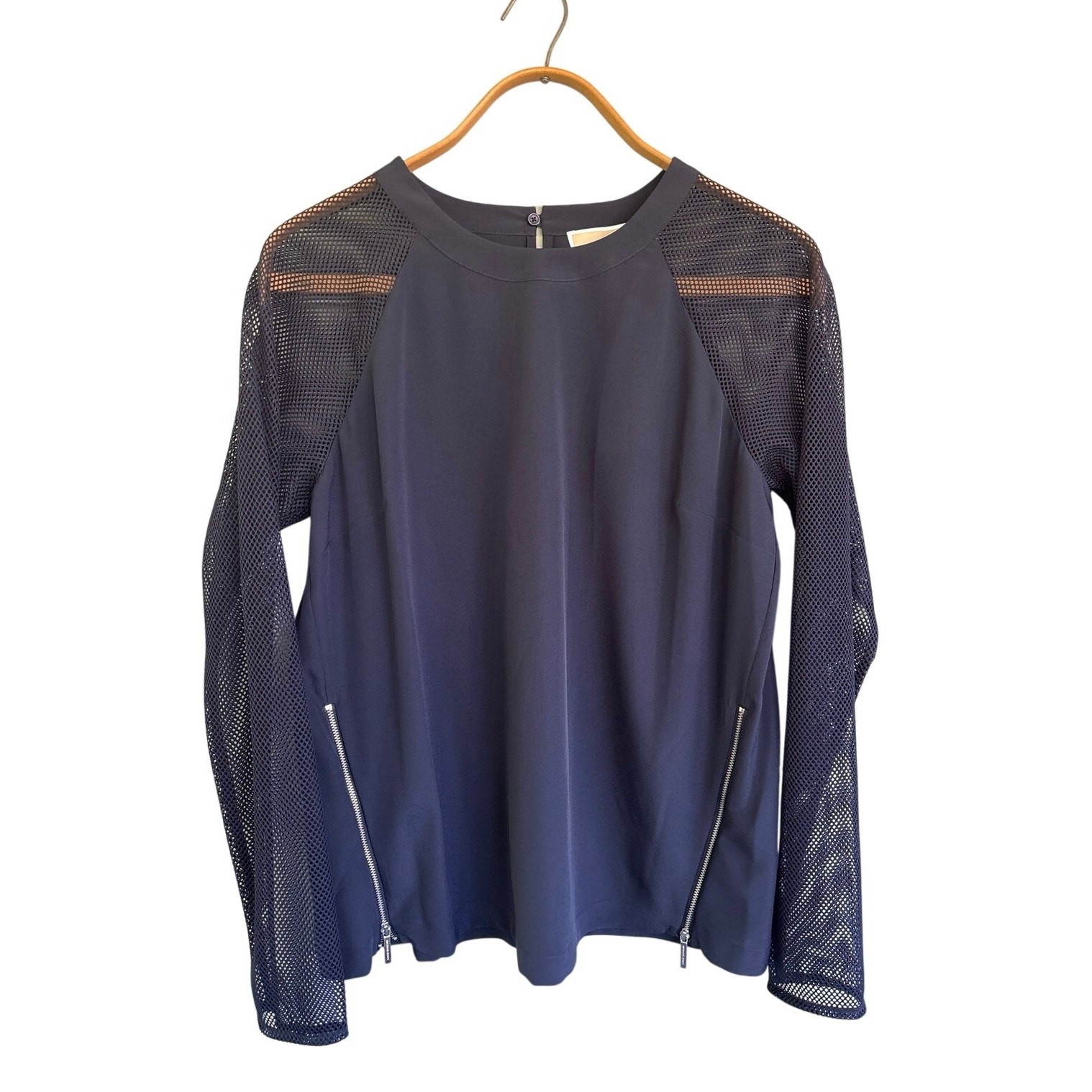 Michael Kors Mesh Sleeve Blouse Women’s Large Navy Zip Side Long Sleeve NWT