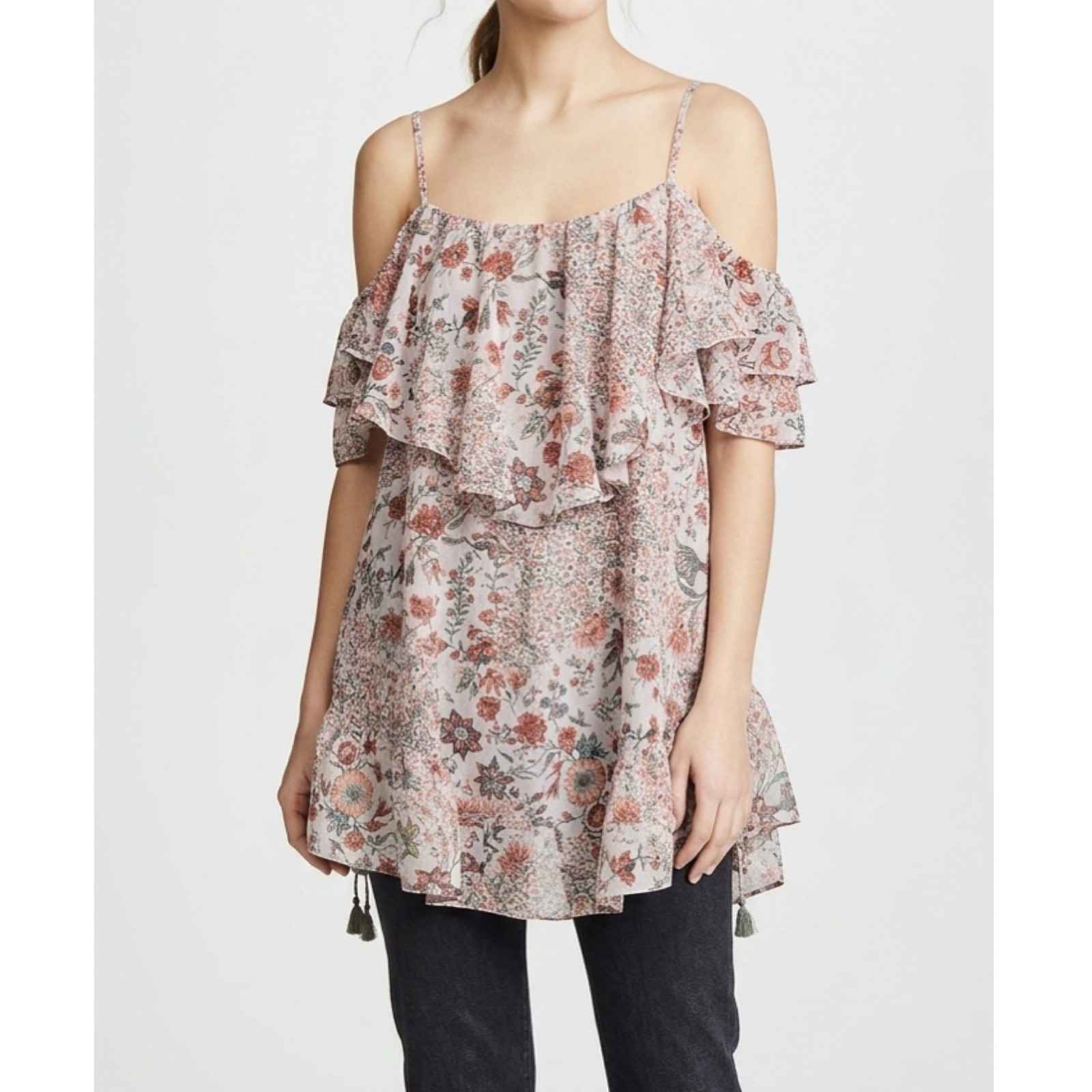 Victoria Secret Tunic Blouse Romantic Ruffle Cold Shoulder Tassel Hem Coquette